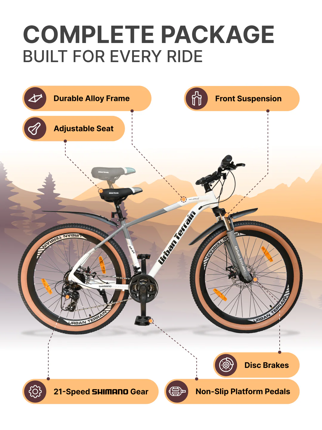 Aeroblast Mountain Bike Alloy Frame 21 Speed Cycle 27.5 inch With Front Suspension, Triple Wall Rim and Dual Disc Brakes, Ideal For 5.2 ft to 6 ft, 15+ Years, Unisex (WhiteGrey) - Image 2