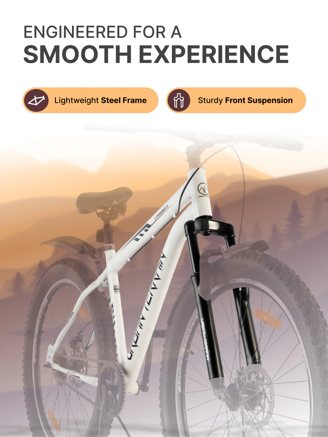 UT5000S27.5 Mountain Cycle Steel Single Speed Cycle 27.5 inch, Dual Disc Brakes, Front Suspension, Double Wall Alloy Rim, White - Image 4