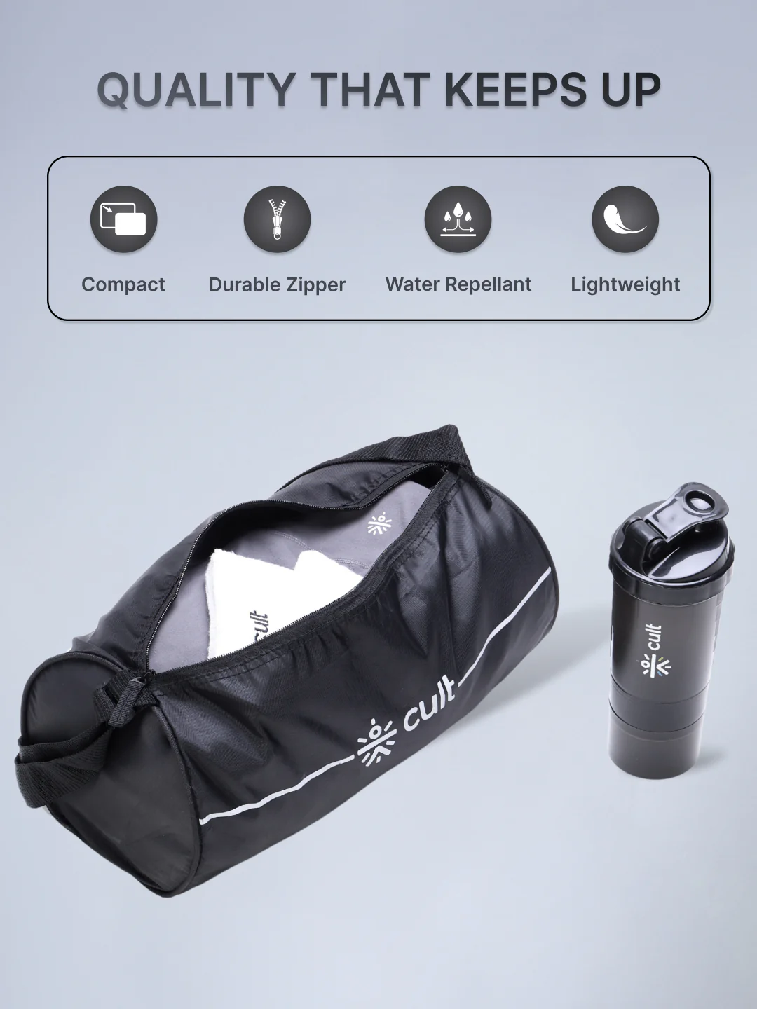 Compact 12L Gym Bag with Shoulder Strap & 500ml Shaker Bottle with Mixer Ball  Black - Image 4