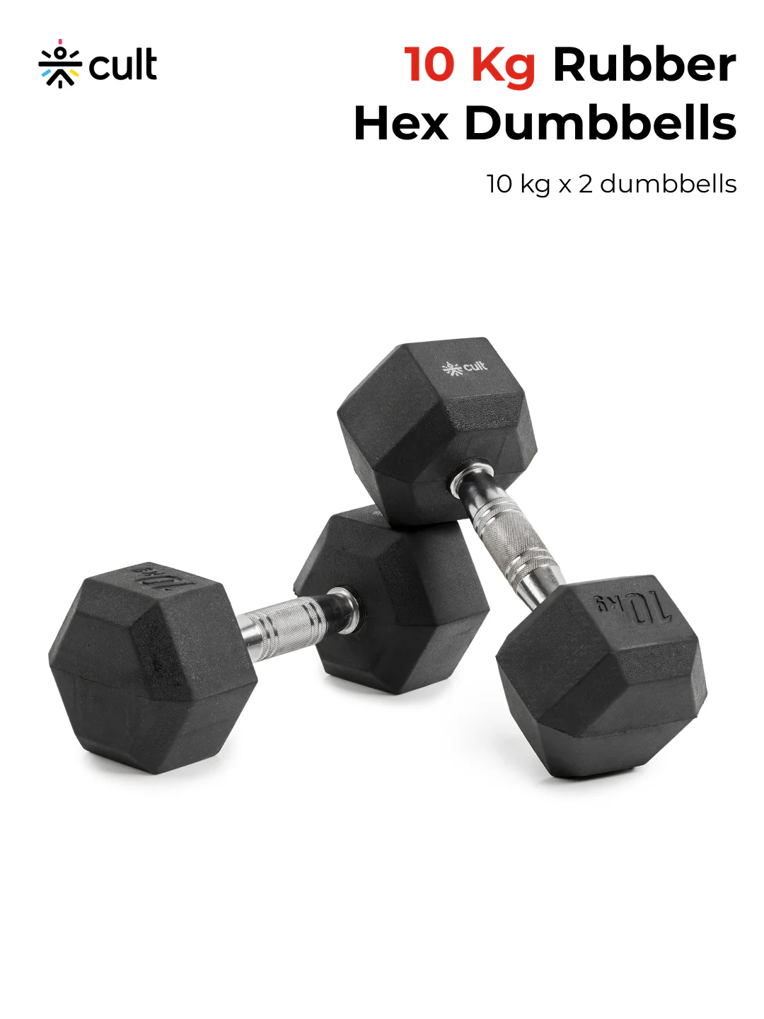 Cult 10Kg Hex Dumbbells For Home & Gym Exercises, Set of 2, (Black) - Image 2