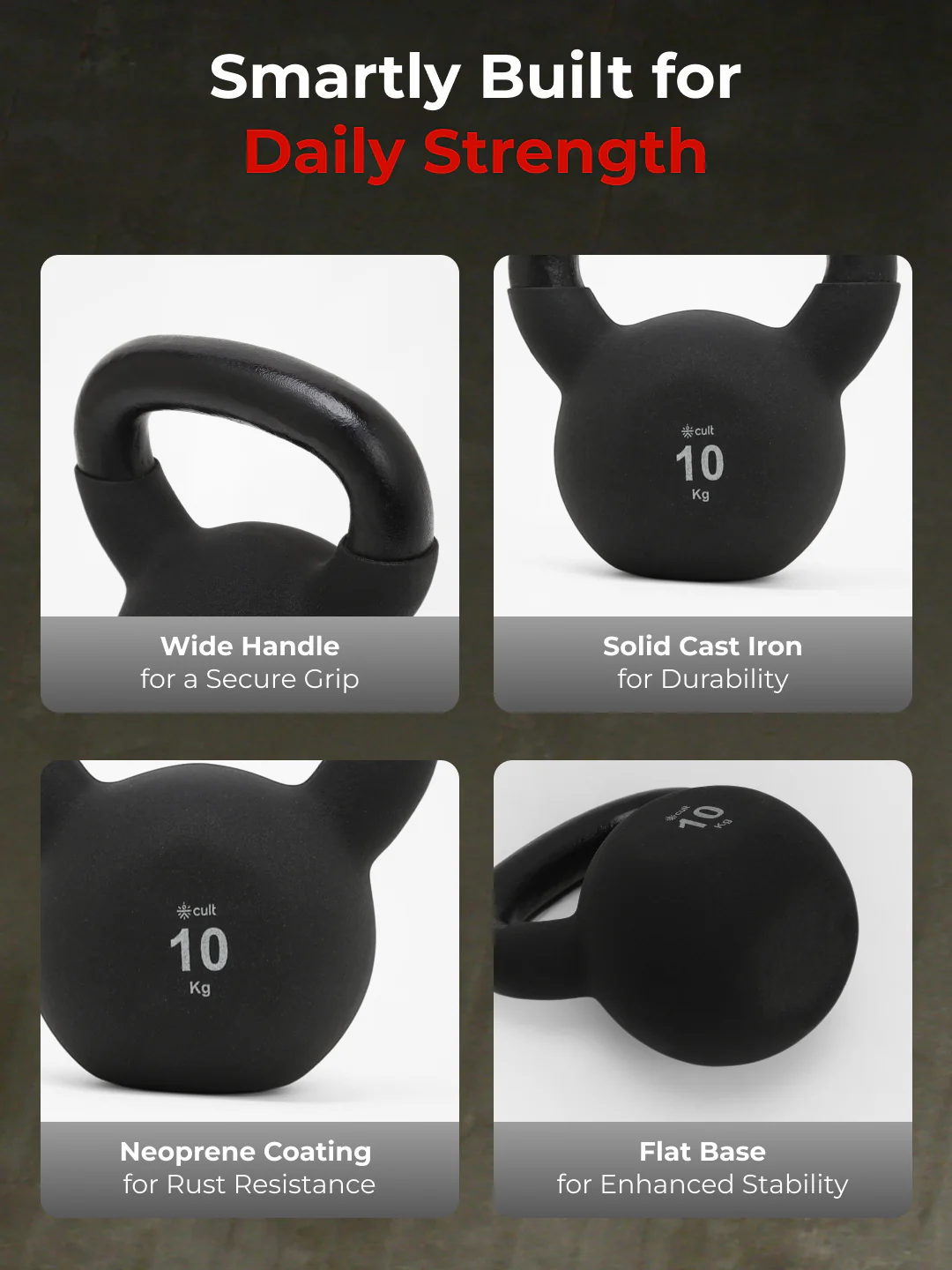 Cult 10kg Neoprene Anti-Slip Grip Kettlebell for Home Workout - Black - Image 3