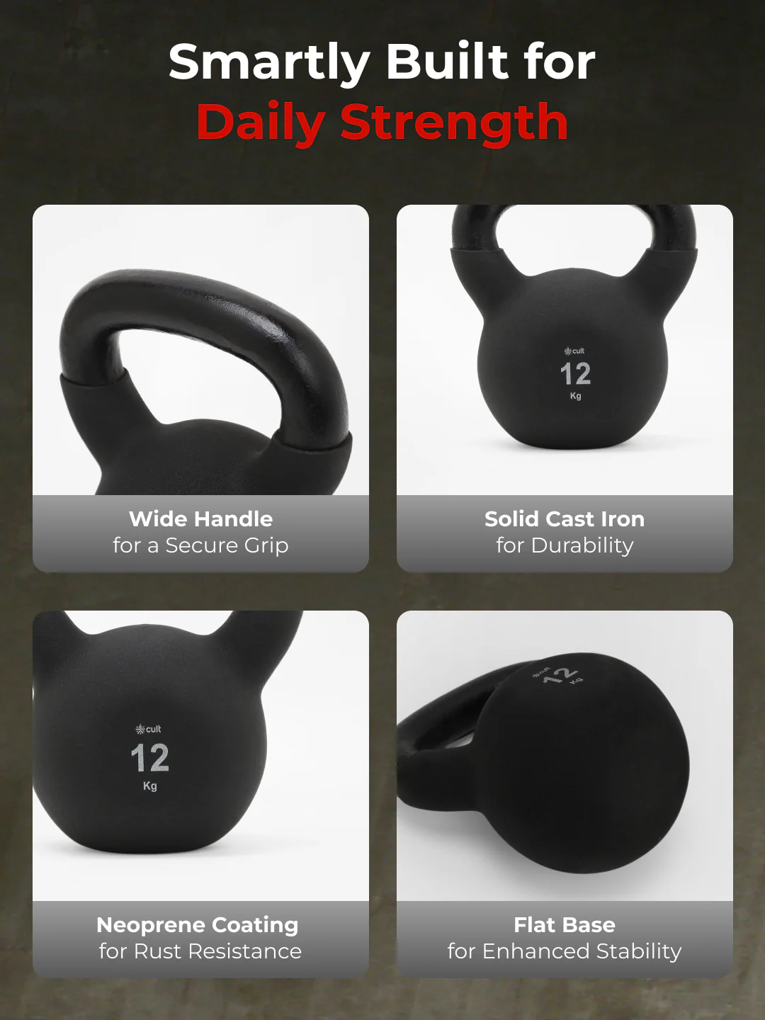 Cult 12kg Neoprene Anti-Slip Grip Kettlebell for Home Workout - Black - Image 3