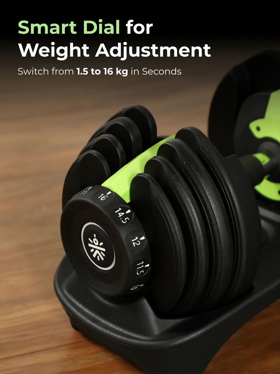Cult 16kg Adjustable Dumbbell | 12 Weight Options (1.5kg-16kg) | Quick Weight Adjustment Dial | Non-Slip Compact Home Gym Dumbbell - Black - Image 3
