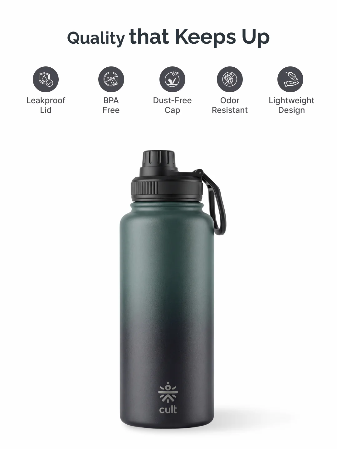 Cult 1L Insulated 24Hr Hot and Cold Water Bottle Leakproof Sports Cap Stainless Steel Green - Image 3