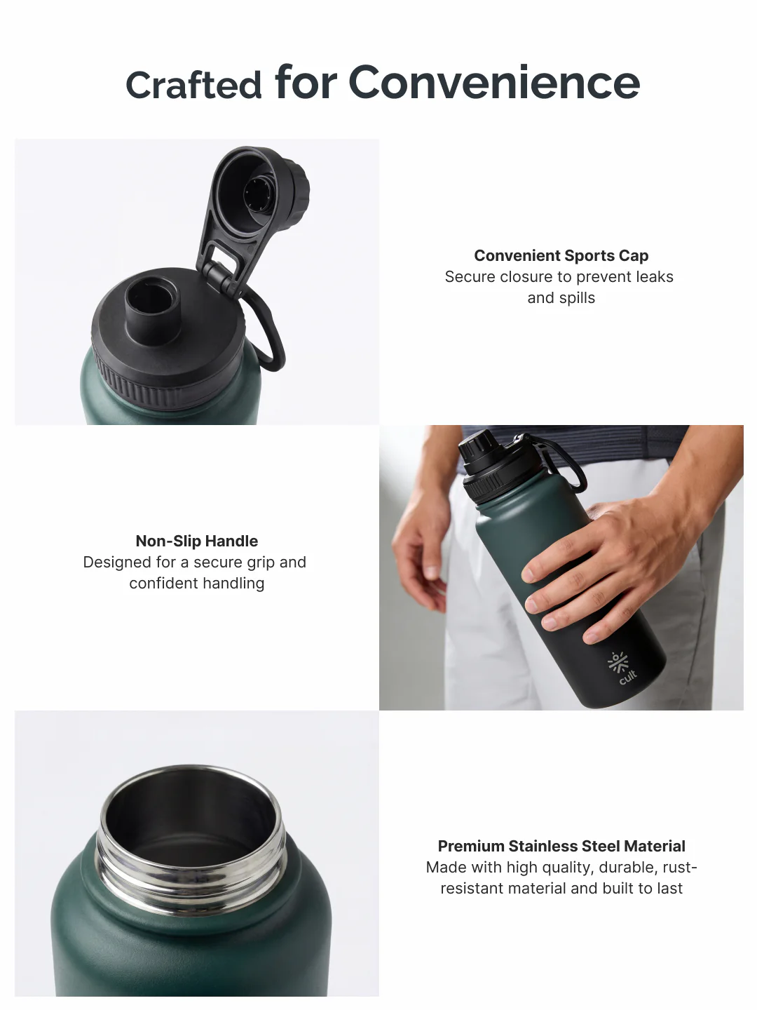 Cult 1L Insulated 24Hr Hot and Cold Water Bottle Leakproof Sports Cap Stainless Steel Green - Image 4