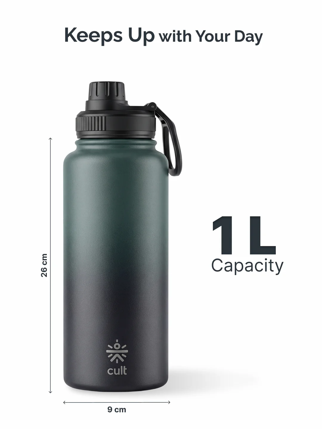 Cult 1L Insulated 24Hr Hot and Cold Water Bottle Leakproof Sports Cap Stainless Steel Green - Image 7