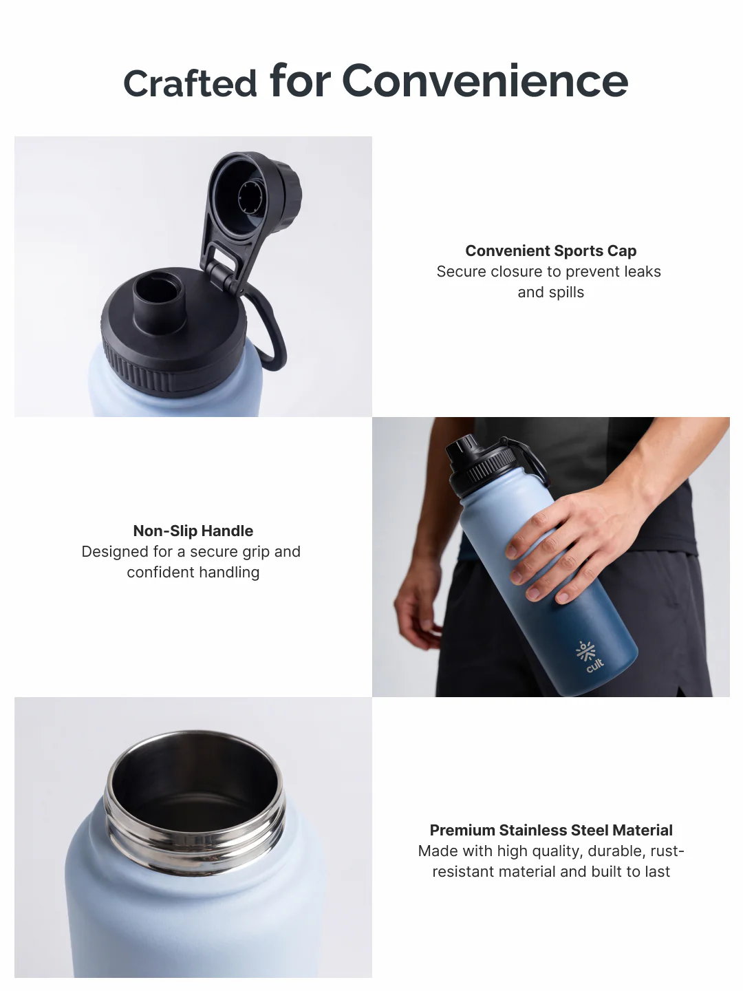 Cult 1L Insulated 24Hr Hot and Cold Water Bottle Leakproof Sports Cap Stainless Steel Blue - Image 4