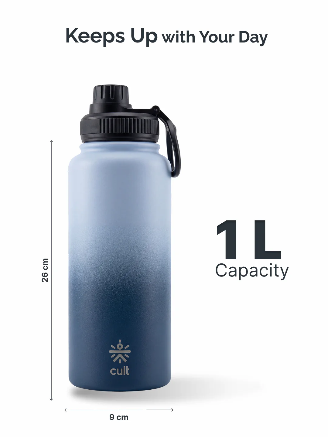 Cult 1L Insulated 24Hr Hot and Cold Water Bottle Leakproof Sports Cap Stainless Steel Blue - Image 7