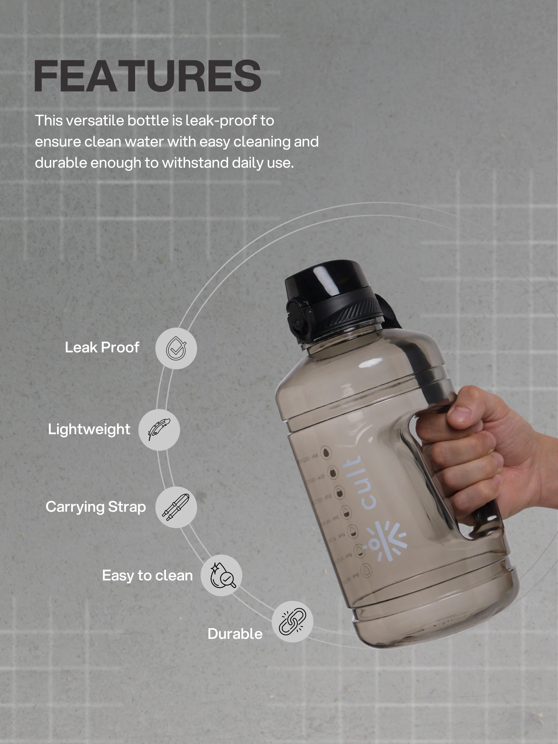 cult 2.2 Litre Water Bottle Gym Gallon Water Bottle Gym Bottles For Men & Women Big Water Bottle Sports Water Bottle Plastic Water Bottle Black - Image 5