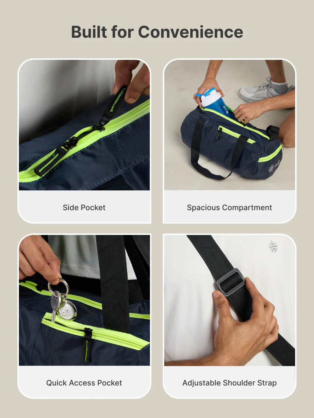 cult 20 Litre Foldable Gym/Duffle Bag for Men & Women Duffle Bag with Side Pocket & Shoulder Strap Comfortable Handle Neon - Image 4