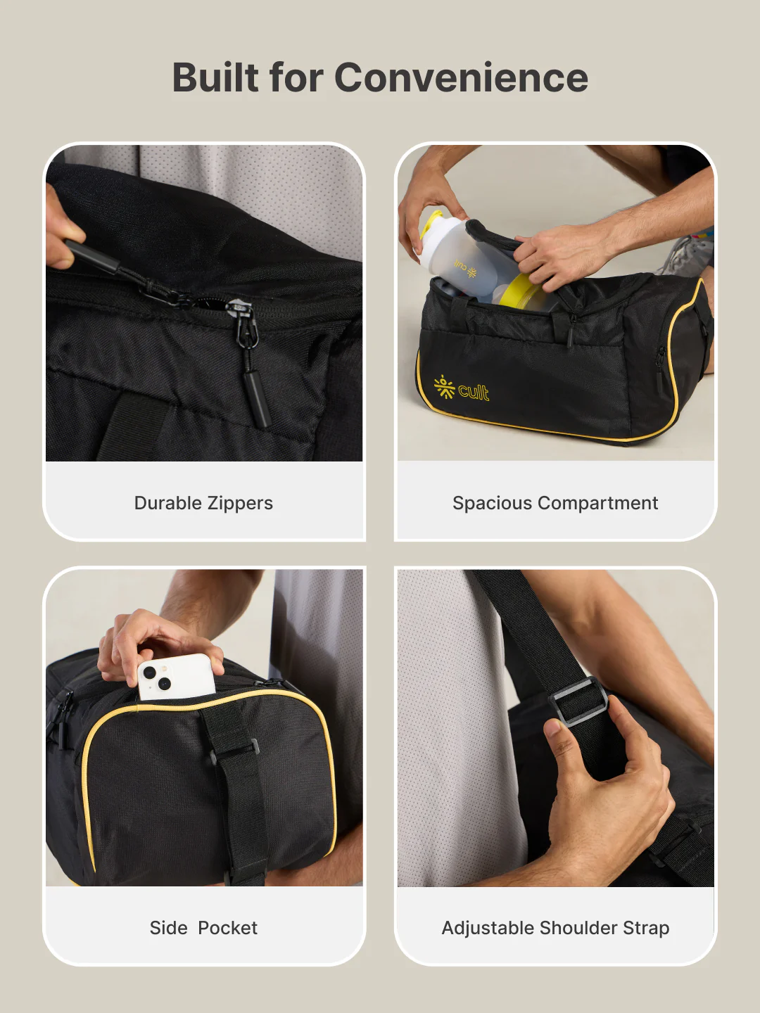 cult 25 Litre Gym Duffle Bag Black Yellow Unisex with Multipockets - Image 3