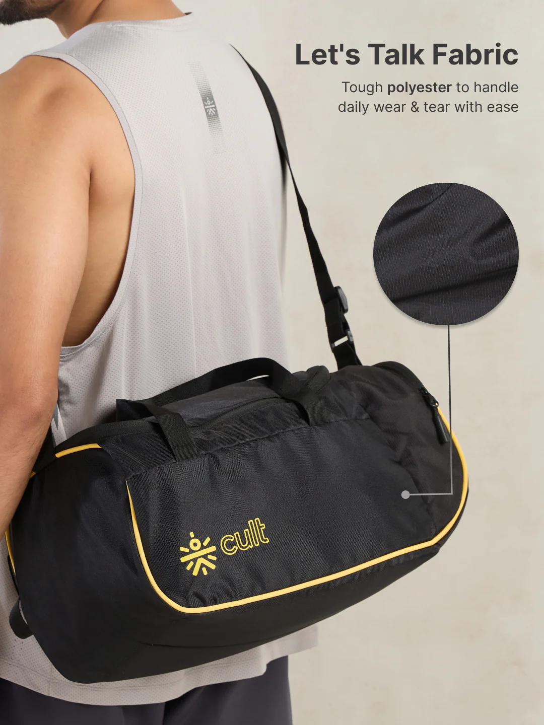 cult 25 Litre Gym Duffle Bag Black Yellow Unisex with Multipockets - Image 4