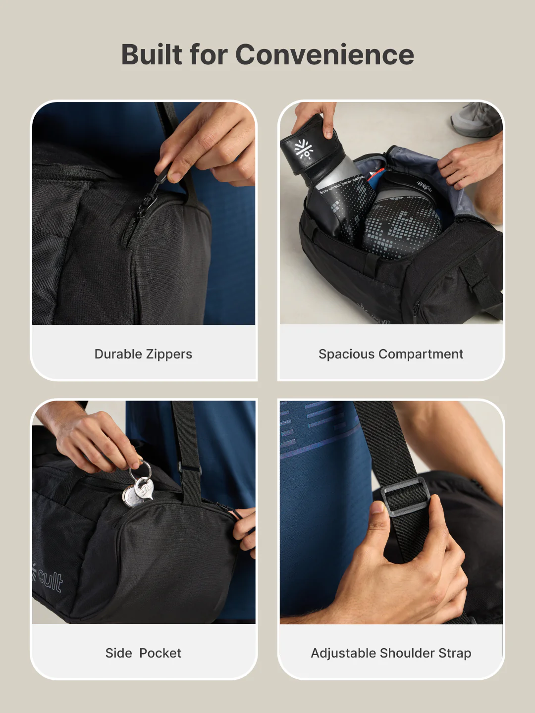 cult 25 Litre Gym/Duffle Bag for Men & Women Duffle Bag with Side Pocket & Shoulder Strap Comfortable Handle Black - Image 4
