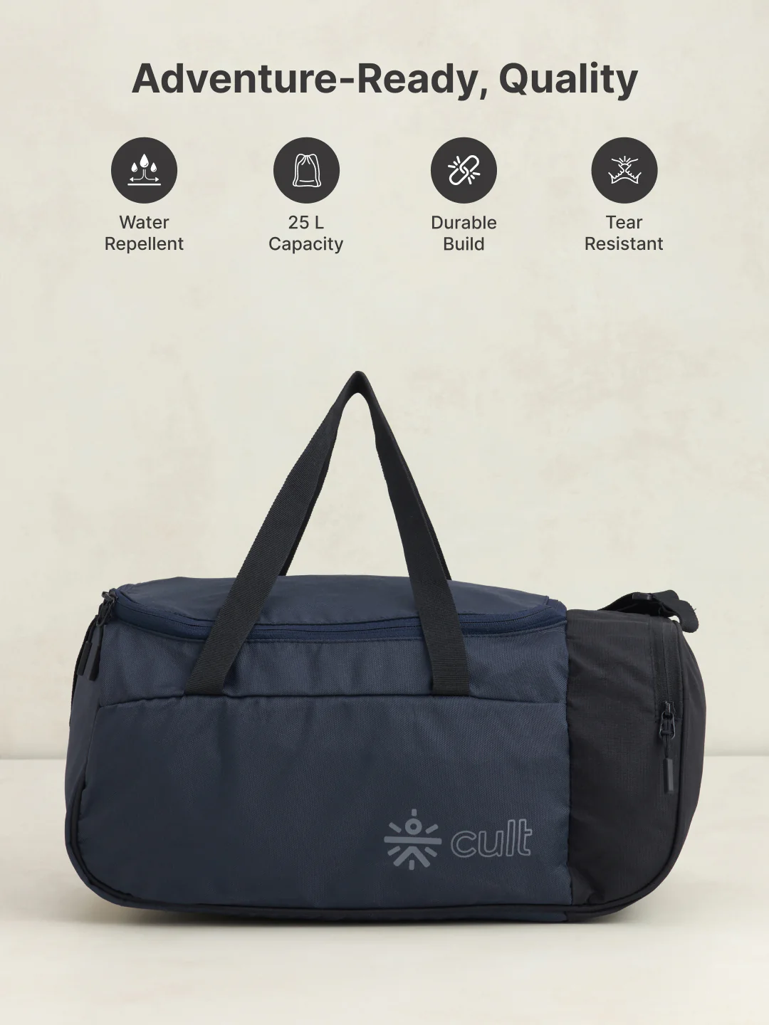 cult 25 Litre Gym/Duffle Bag for Men & Women Duffle Bag with Side Pocket & Shoulder Strap Comfortable Handle Black Navy - Image 3