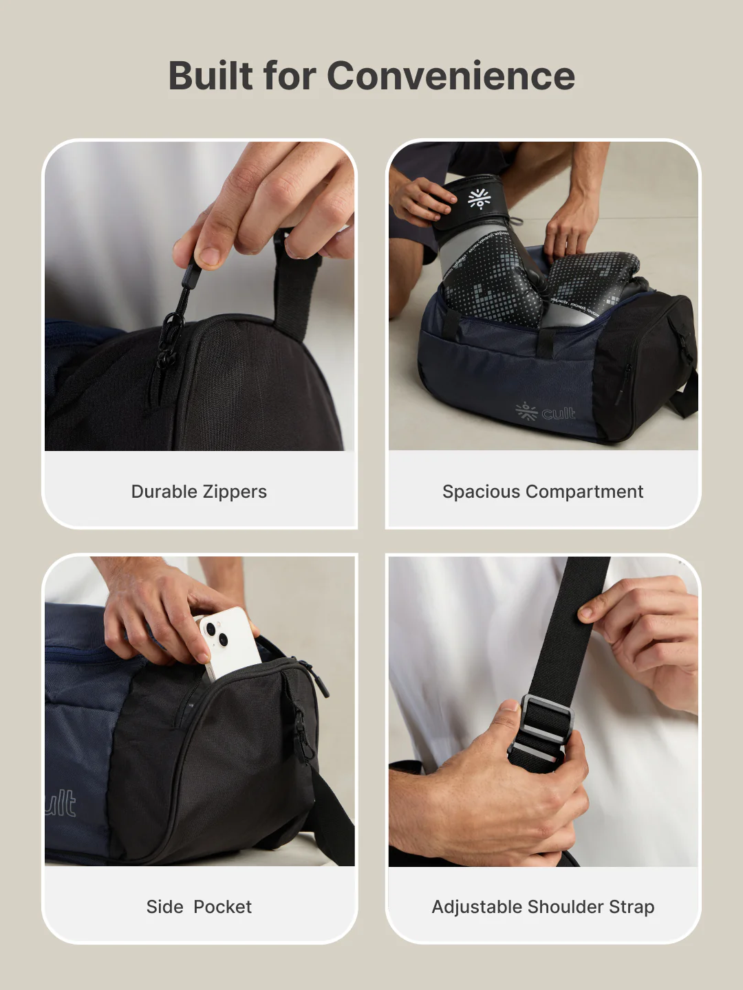 cult 25 Litre Gym/Duffle Bag for Men & Women Duffle Bag with Side Pocket & Shoulder Strap Comfortable Handle Black Navy - Image 4