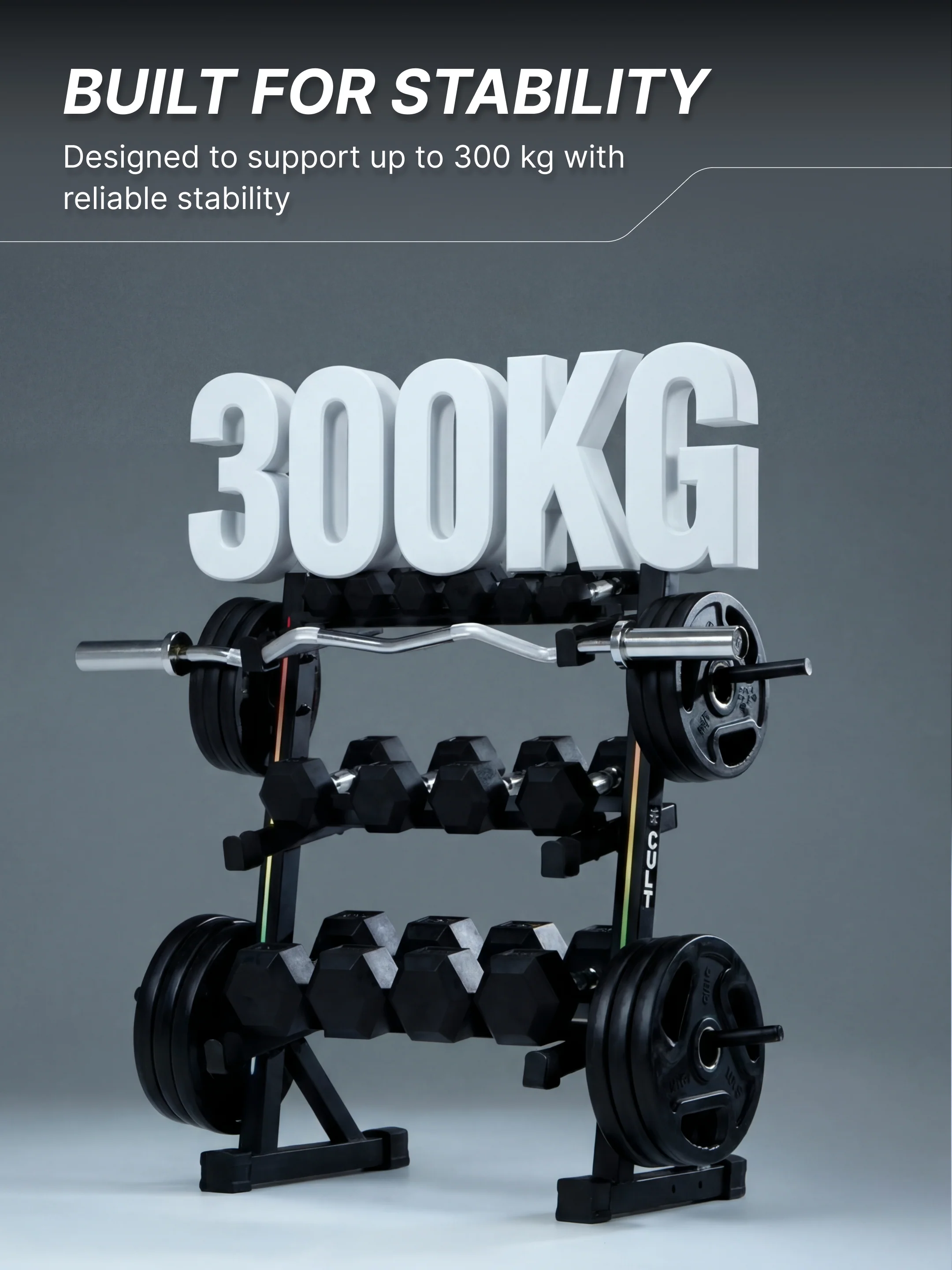 Cult 3 Level Storage Rack for weights (Rod, Plates & Dumbbell) | 300 Kg Max Load | Compact, Stable & Space-Efficient Design for home use (with 6 Months Extended Warranty) - Image 2