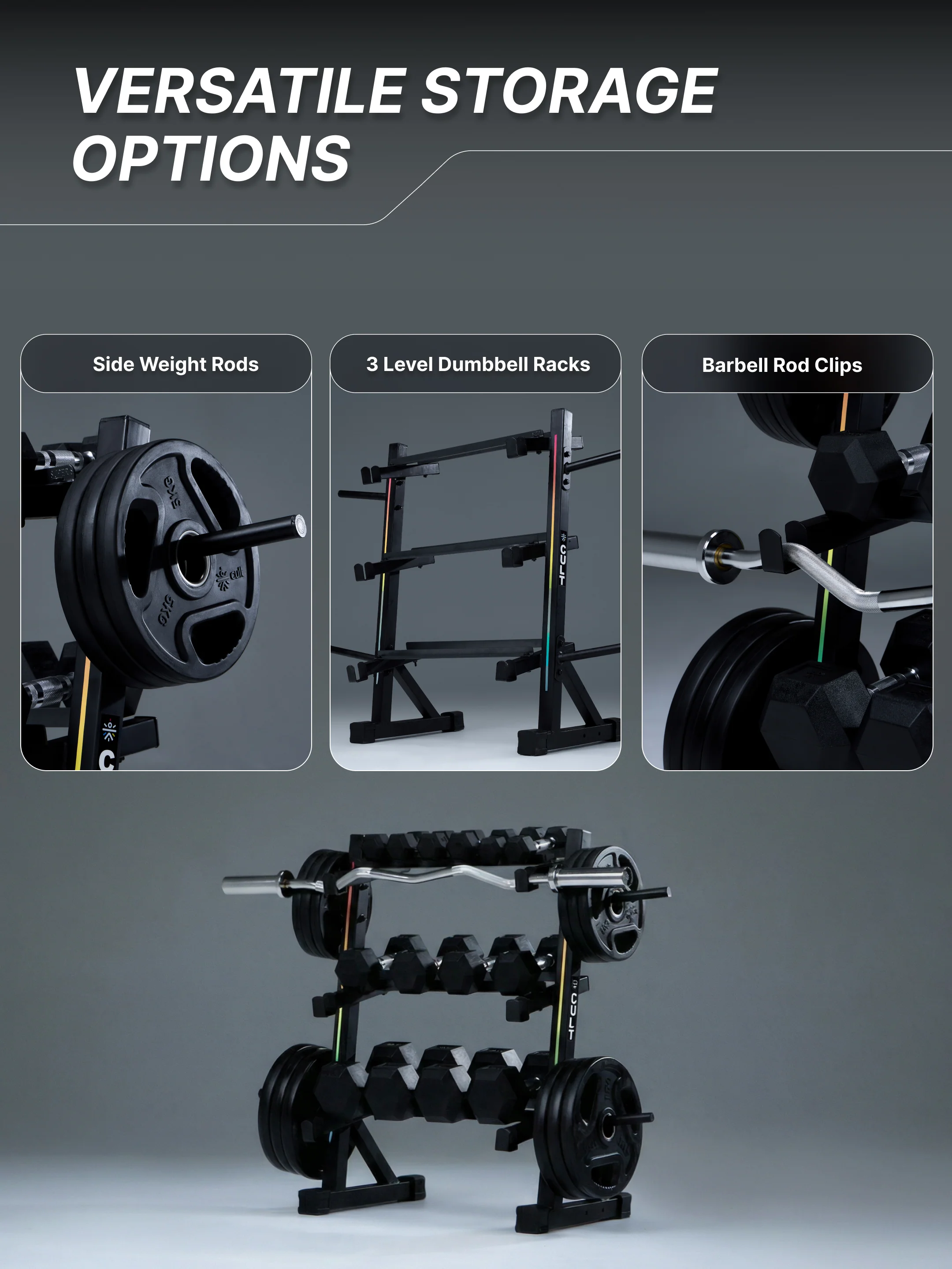 Cult 3 Level Storage Rack for weights (Rod, Plates & Dumbbell) | 300 Kg Max Load | Compact, Stable & Space-Efficient Design for home use (with 6 Months Extended Warranty) - Image 4