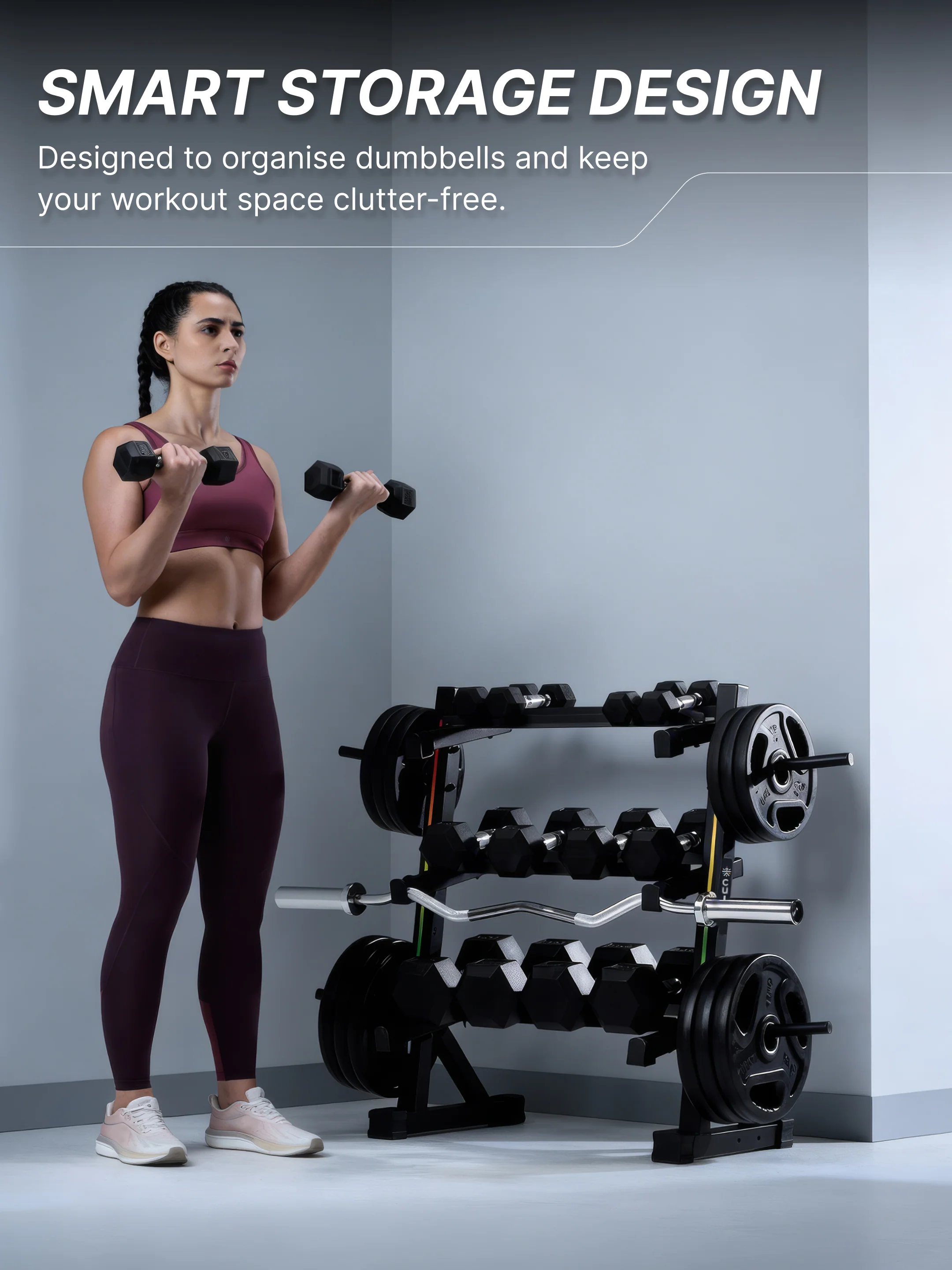 Cult 3 Level Storage Rack for weights (Rod, Plates & Dumbbell) | 300 Kg Max Load | Compact, Stable & Space-Efficient Design for home use (with 6 Months Extended Warranty) - Image 6
