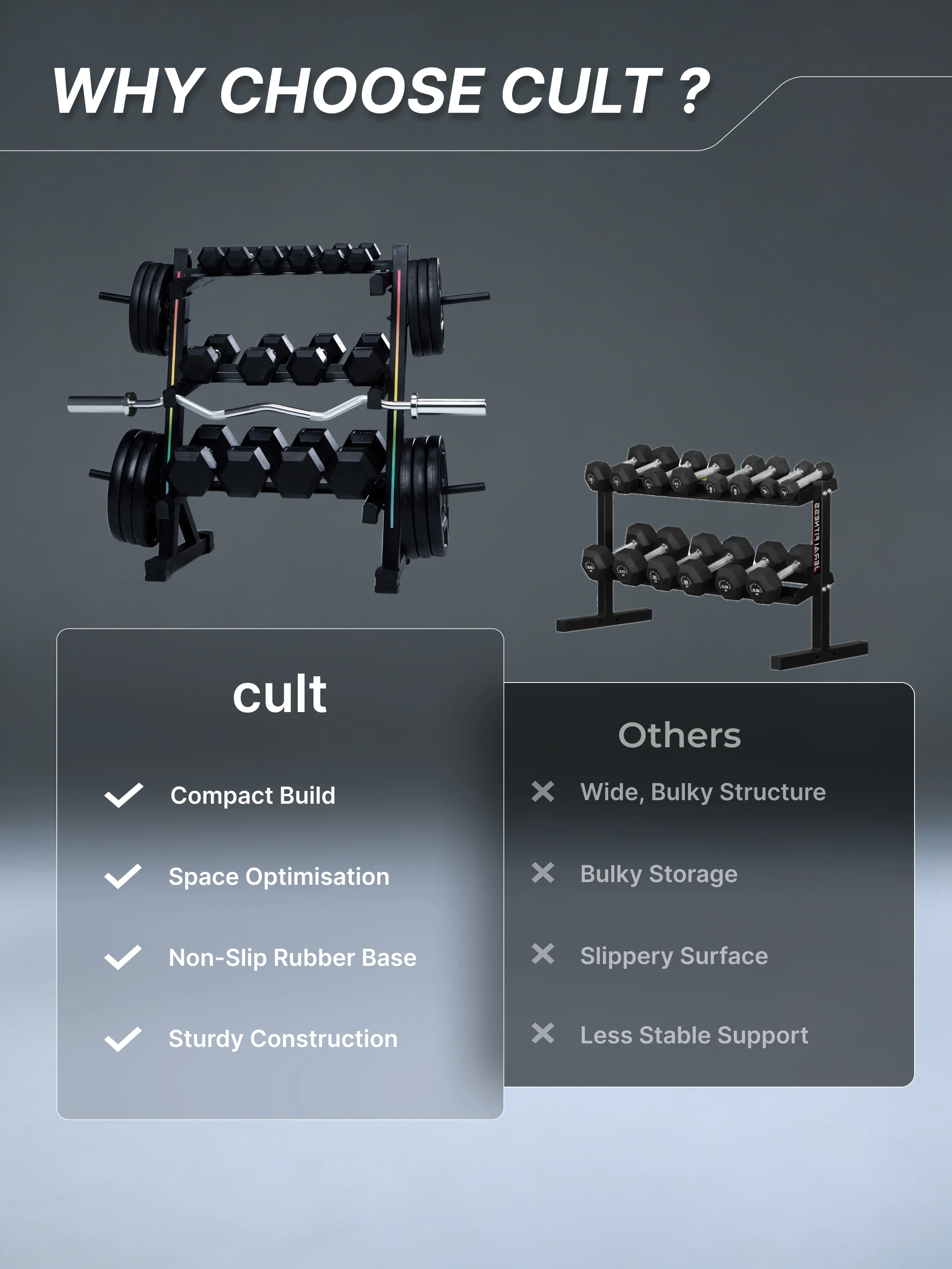 Cult 3 Level Storage Rack for weights (Rod, Plates & Dumbbell) | 300 Kg Max Load | Compact, Stable & Space-Efficient Design for home use (with 6 Months Extended Warranty) - Image 8