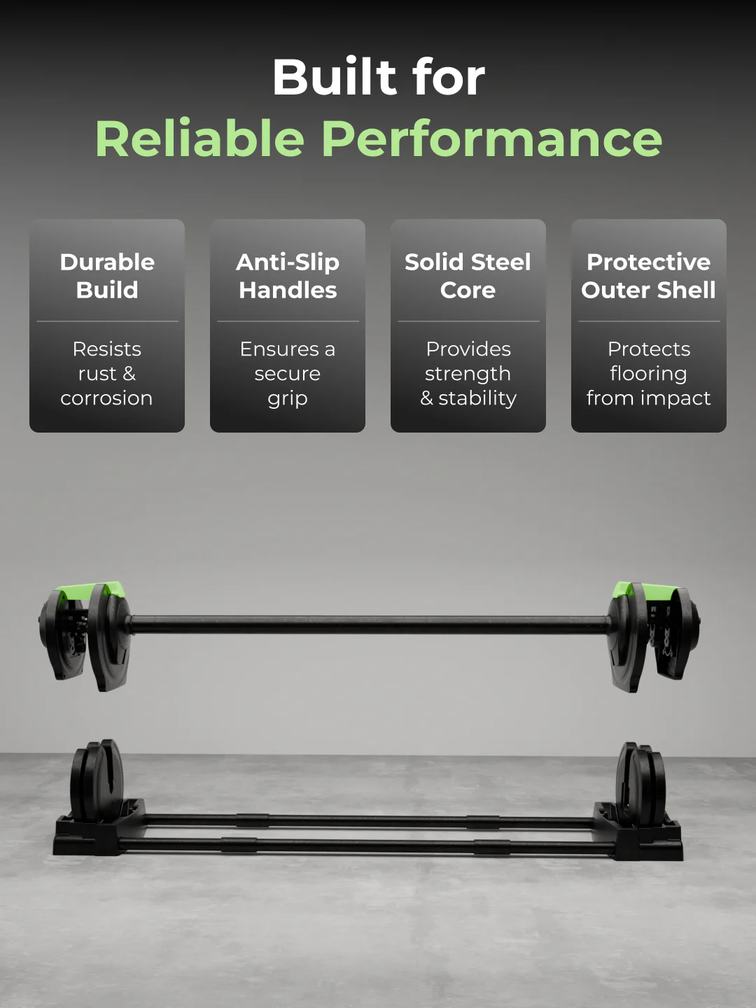 Cult 3in1 Adjustable Dumbbell (1.5-18kg), Kettlebell (1-10kg), Barbell (2-19kg) | All-in-One Compact Home Gym Equipment - Black - Image 3