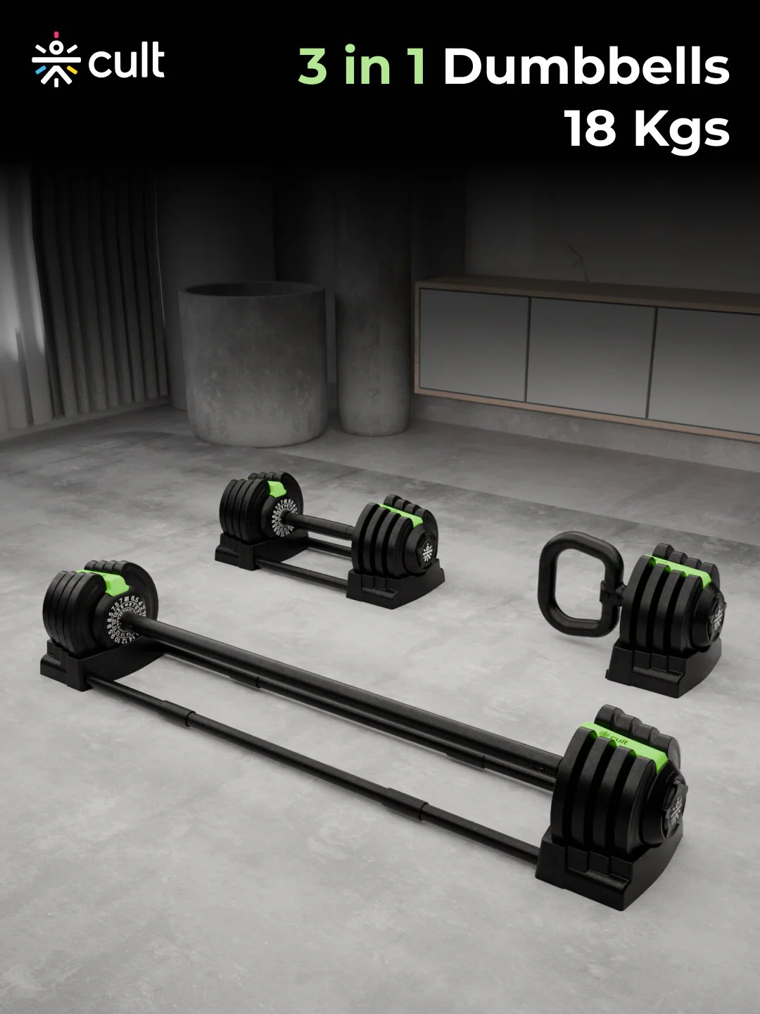 Cult 3in1 Adjustable Dumbbell (1.5-18kg), Kettlebell (1-10kg), Barbell (2-19kg) | All-in-One Compact Home Gym Equipment - Black - Image 8