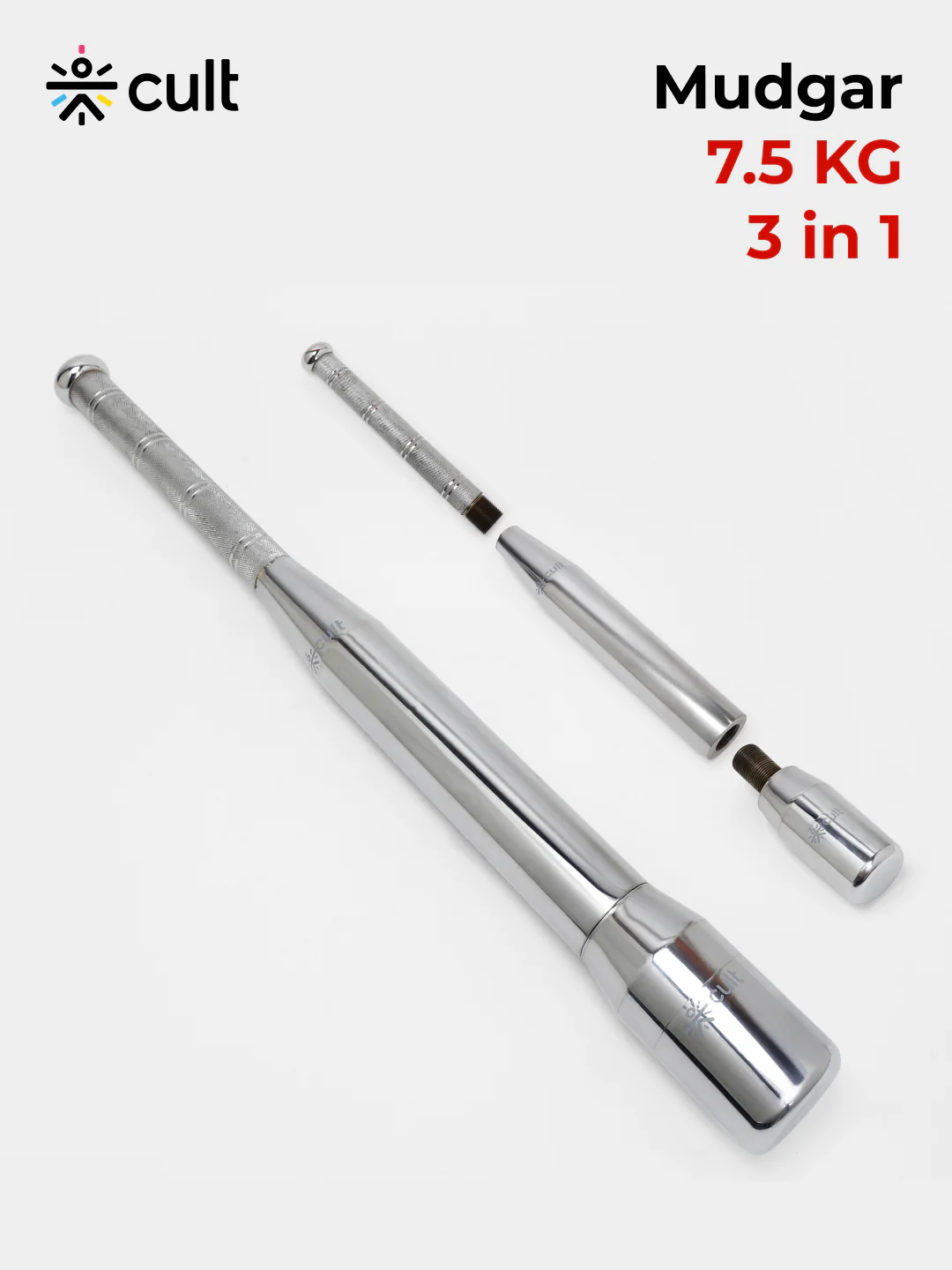 Cult 3-in-1 Adjustable Steel 7.5KG Mudgar for Full Body Training | Silver Indian Clubs (7.5 kg) - Image 2