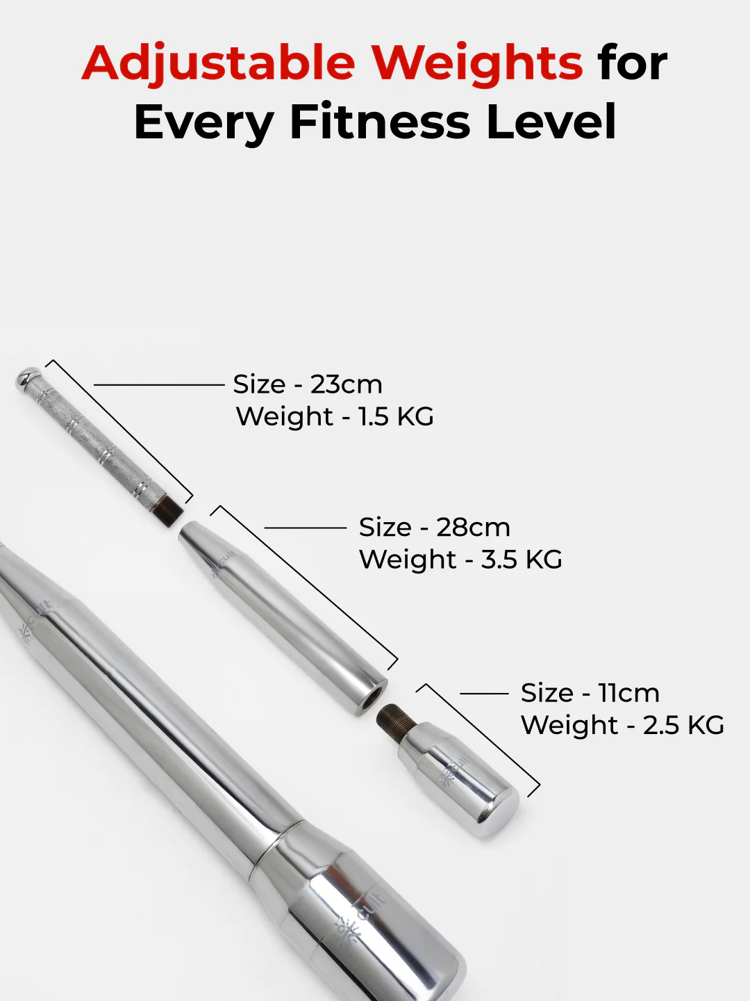 Cult 3-in-1 Adjustable Steel 7.5KG Mudgar for Full Body Training | Silver Indian Clubs (7.5 kg) - Image 3