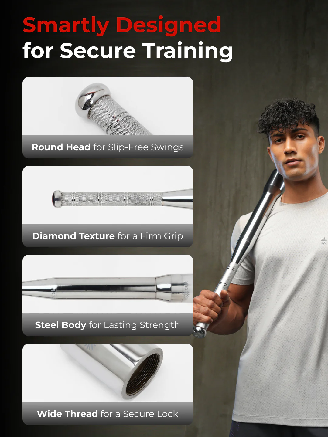 Cult 3-in-1 Adjustable Steel 7.5KG Mudgar for Full Body Training | Silver Indian Clubs (7.5 kg) - Image 4