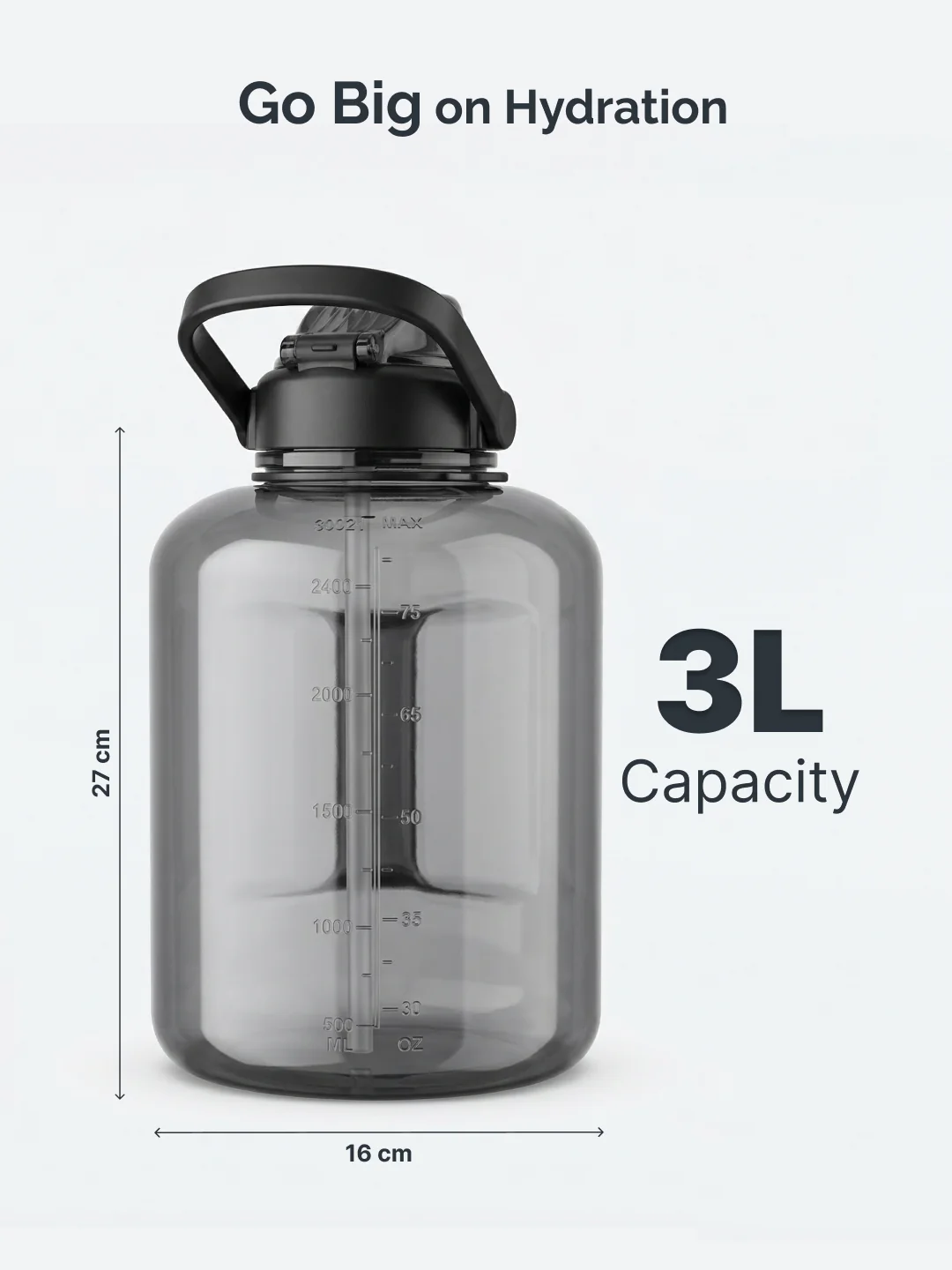 Cult 3L Hulk Gallon Water Bottle with Straw & Strap BPA-Free Leakproof Gym Bottle 3000ml Large Capacity Hydration Bottle (Black) - Image 8