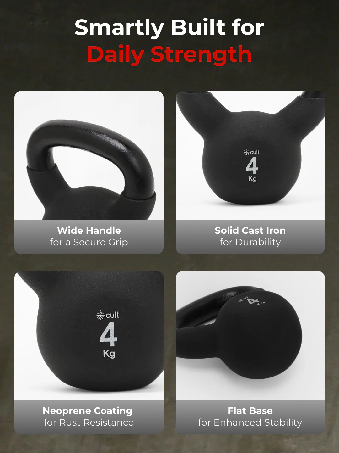 Cult 4kg Neoprene Anti-Slip Grip Kettlebell for Home Workout - Black - Image 3