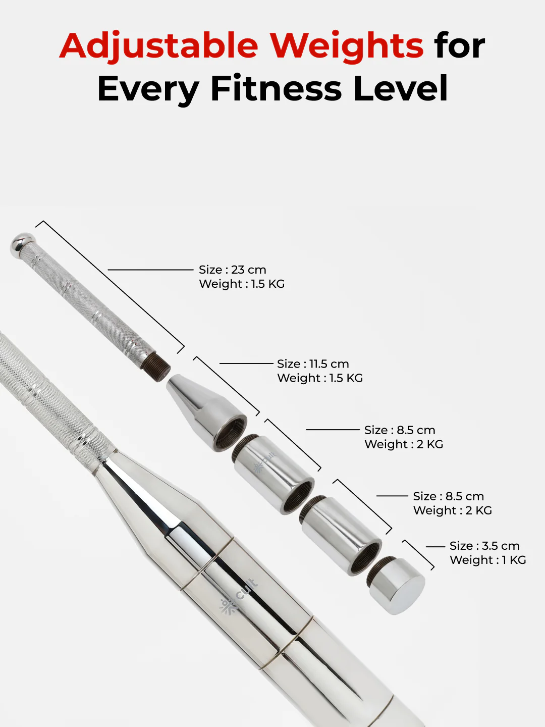 Cult 6-in-1 Adjustable Steel 8KG Mudgar for Full Body Training | Silver Indian Clubs (8 kg) - Image 3