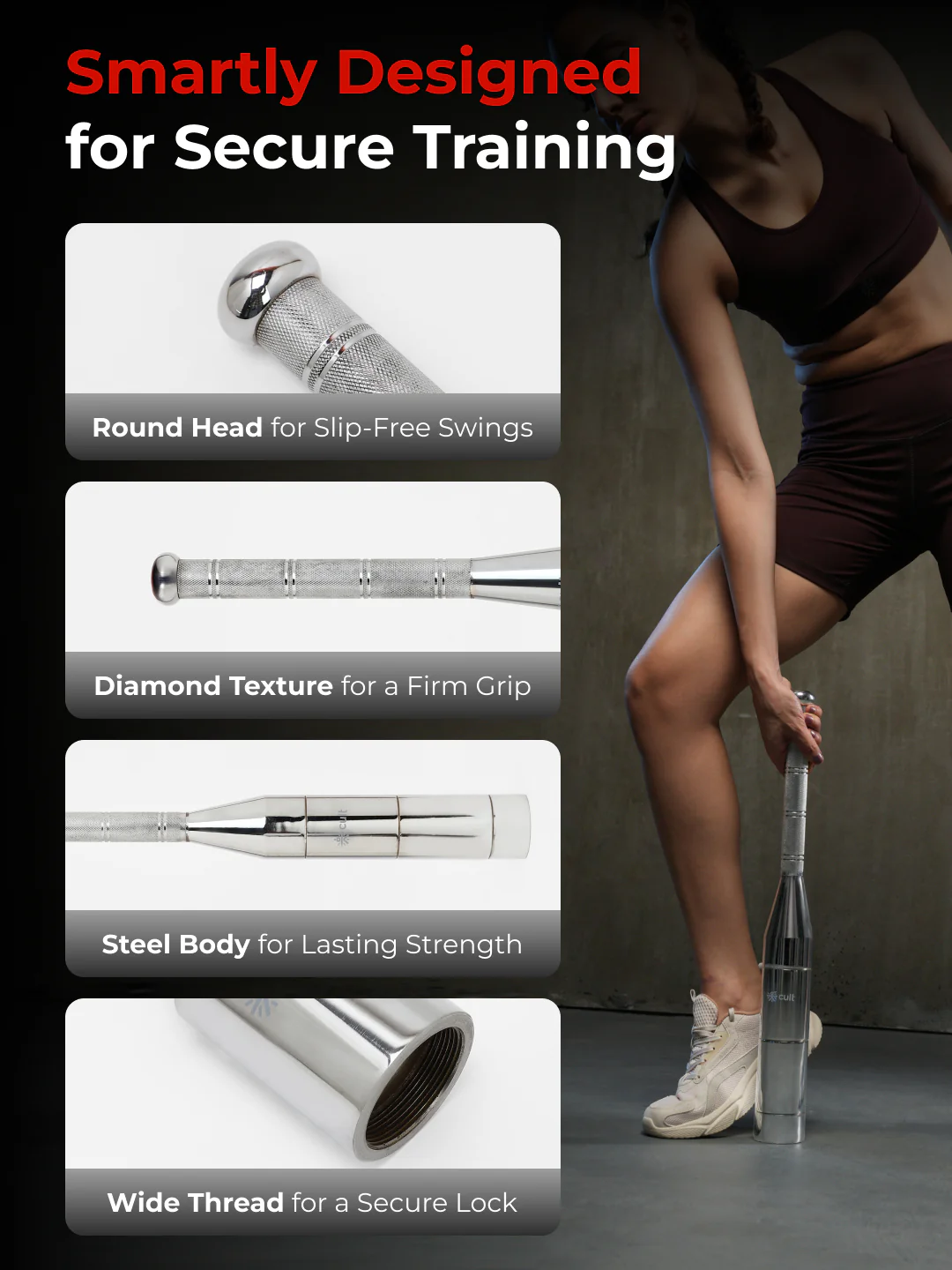 Cult 6-in-1 Adjustable Steel 8KG Mudgar for Full Body Training | Silver Indian Clubs (8 kg) - Image 4