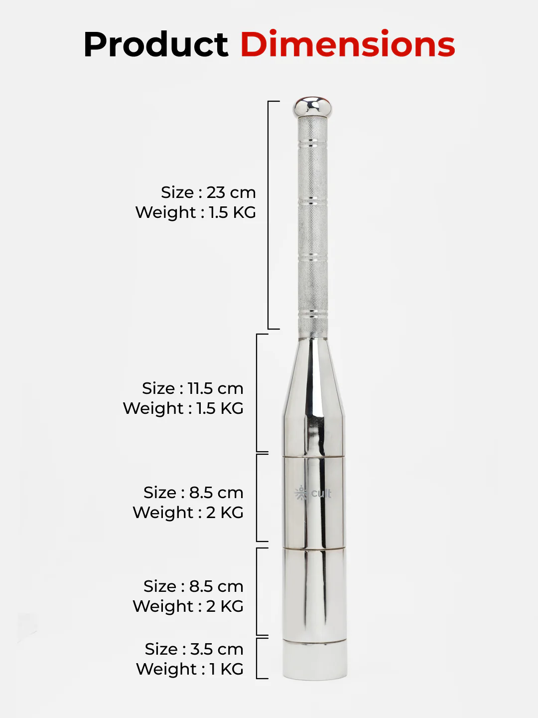 Cult 6-in-1 Adjustable Steel 8KG Mudgar for Full Body Training | Silver Indian Clubs (8 kg) - Image 7