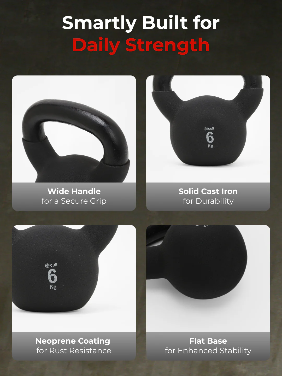 Cult 6kg Neoprene Anti-Slip Grip Kettlebell for Home Workout - Black - Image 3