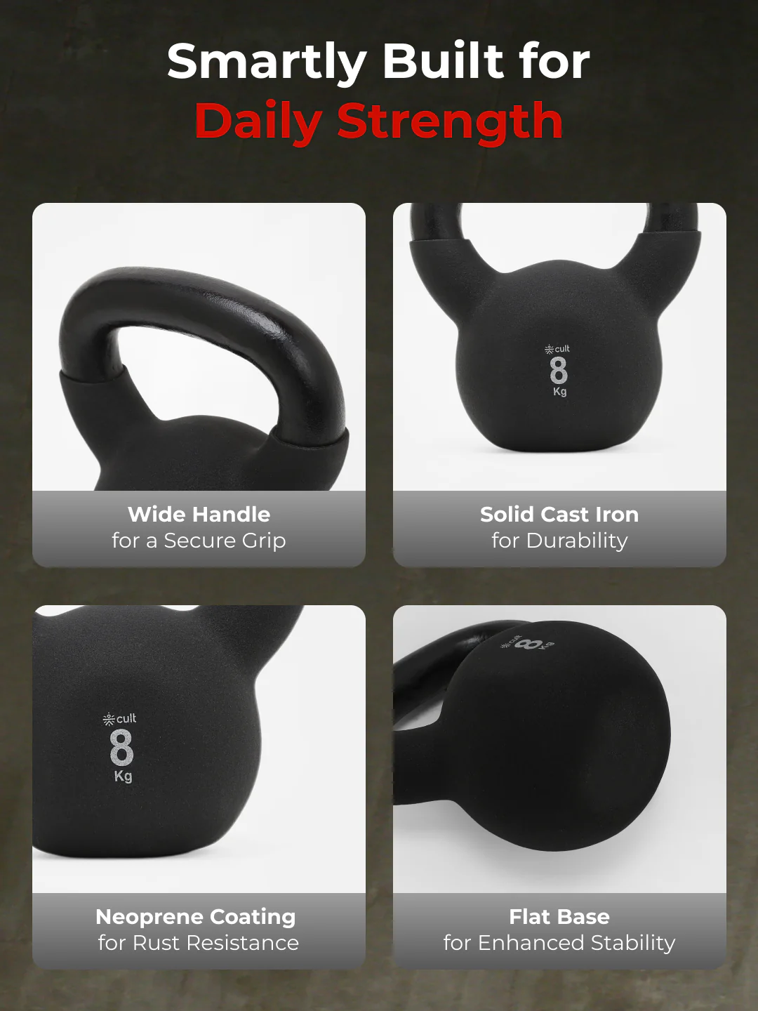 Cult 8kg Neoprene Anti-Slip Grip Kettlebell for Home Workout - Black - Image 3