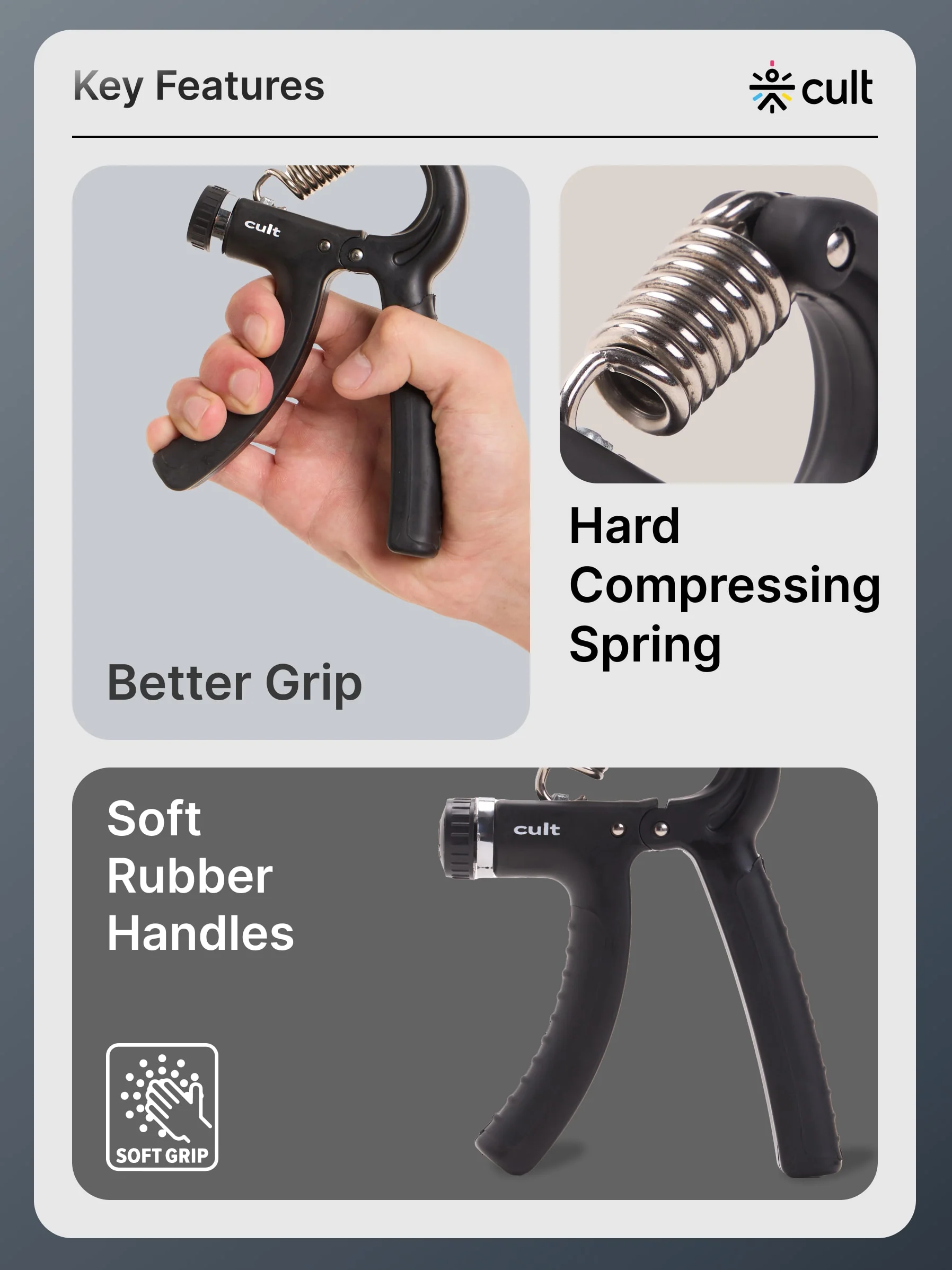 cult Adjustable Hand Grip Strengthener Hand Gripper for Men & Women For Gym Workout Forearm Exercise Finger Exercise Power Gripper Black - Image 2