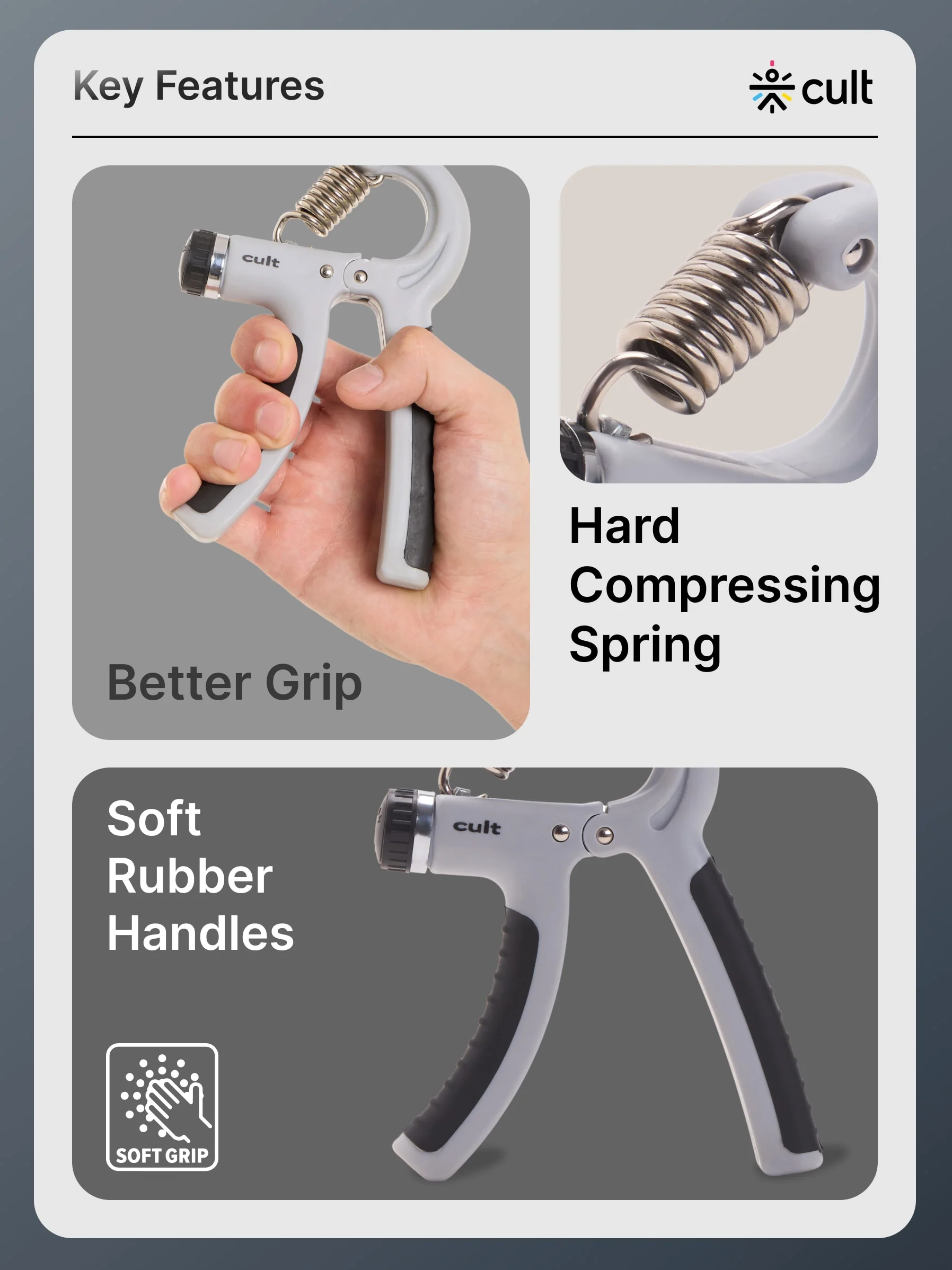 cult Adjustable Hand Grip Strengthener Hand Gripper for Men & Women For Gym Workout Forearm Exercise Finger Exercise Power Gripper Grey - Image 2