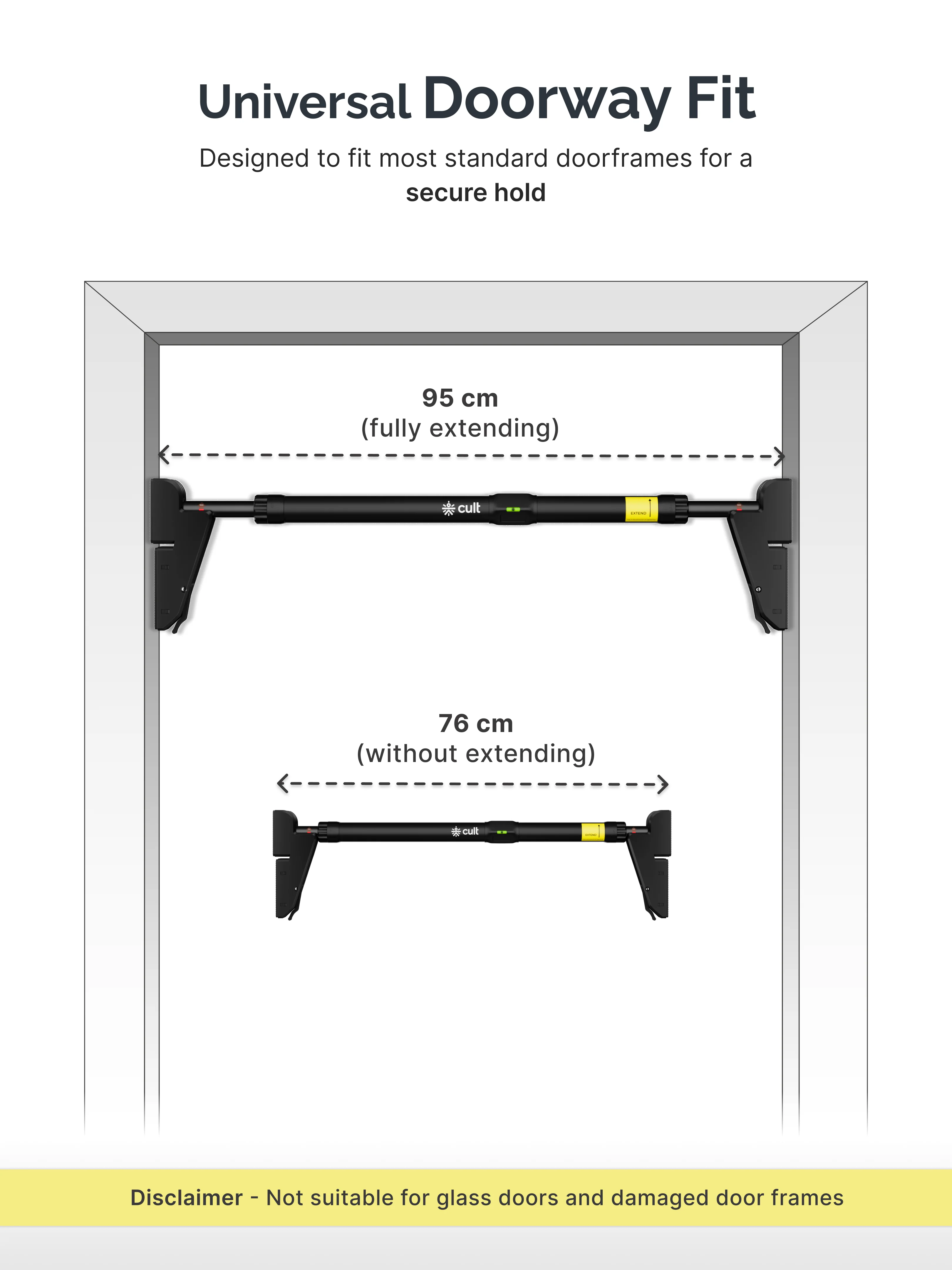 Cult Adjustable Pull-Up Bar for Doorway | Heavy-Duty Steel | Multi-Grip Home Gym Bar for Pull Ups, Chin Ups & Core Workout | Size - 76-110cm - Image 5