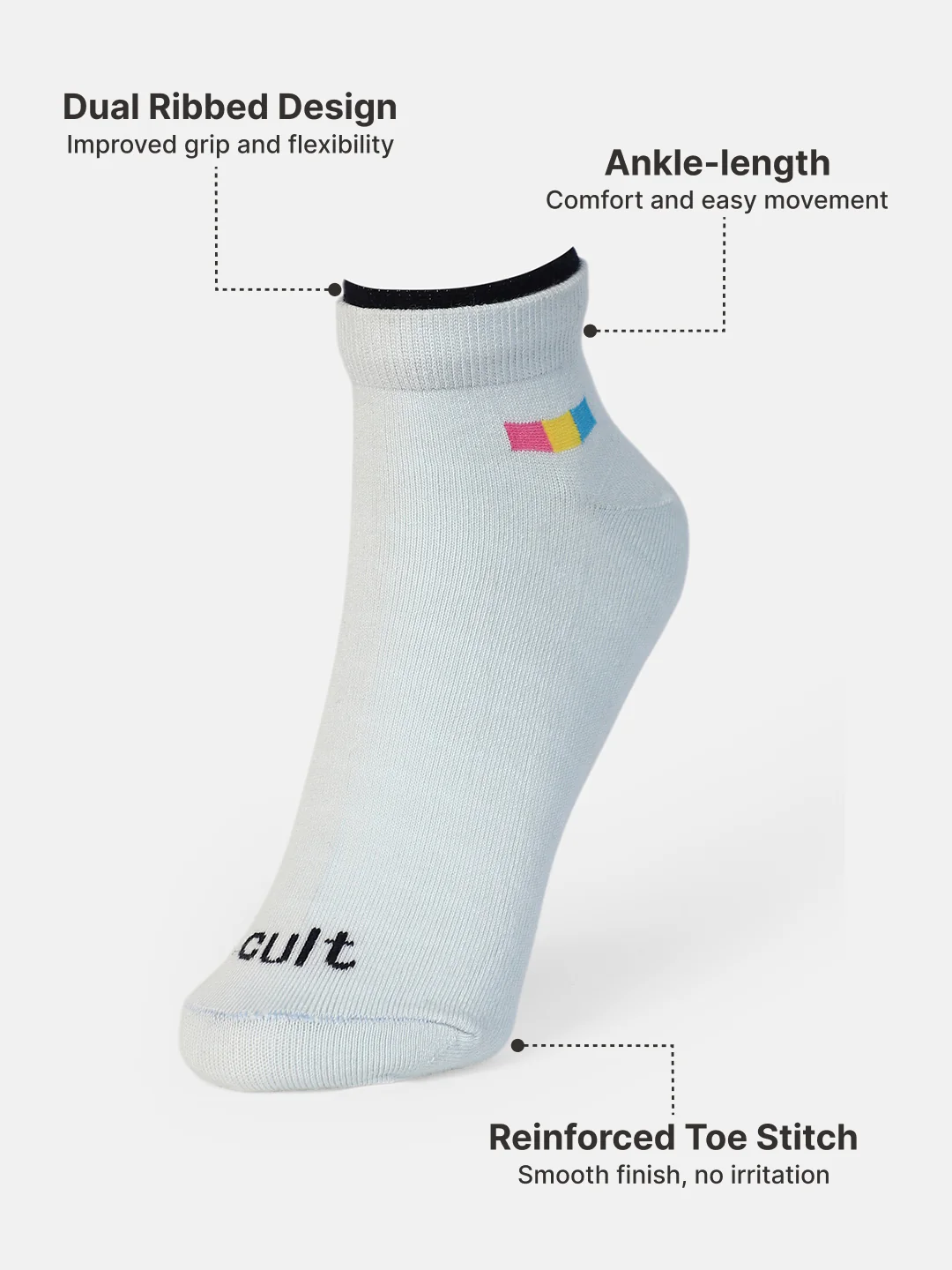 Casual Ankle Length Pack of 3 Cream,Powder Blue & Black Solid Women's Cotton Socks - Image 5