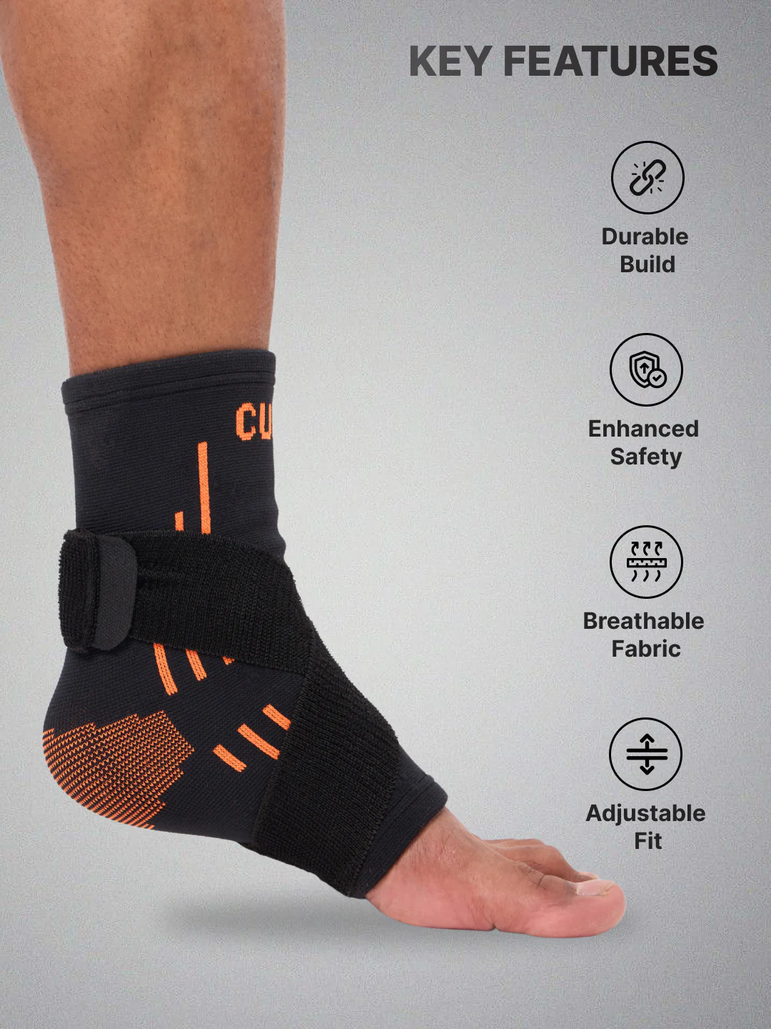 Cult Ankle Support with Elastic Strap | For Ankle Pain Relief | Stretchable Ankle support for Sports | Adjustable Free Size | Black Orange - Image 3