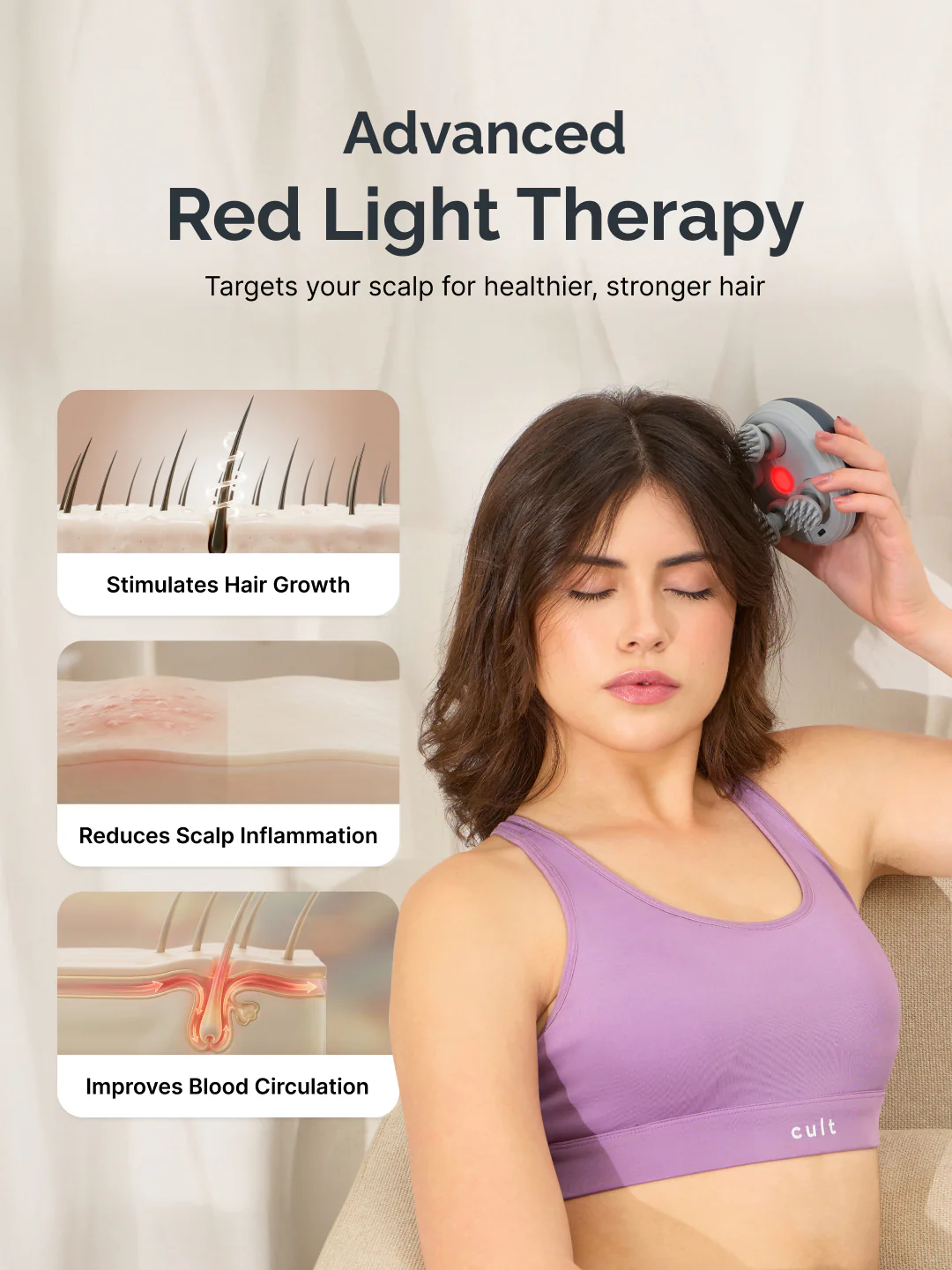 Cult Aura Head Massager with Red Light Therapy | Silicone Heads with 4 Extra Attachments for Stress Relief & Relaxation - Image 4