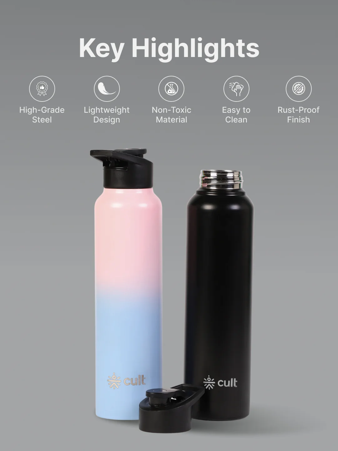 cult Steel Bottle 1Ltr With Sports Cap Black - Image 3