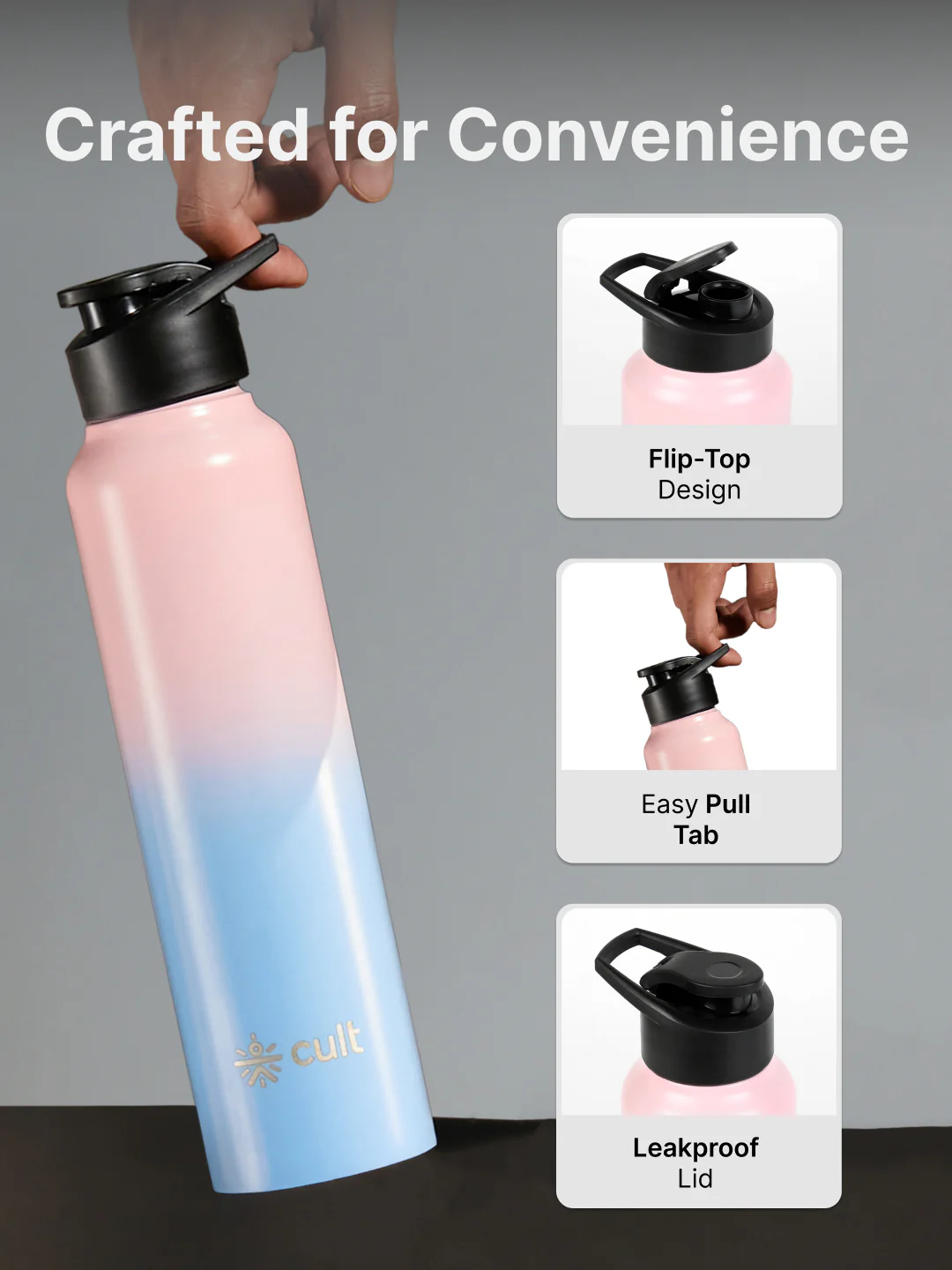 cult Steel Bottle 1Ltr With Sports Cap Pink and Blue - Image 4