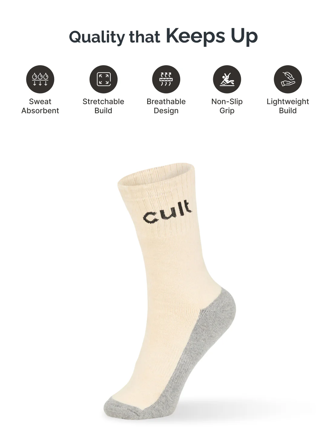 Cult Cricket Socks Unisex Cotton Calf-Length Cushioned, Moisture-Wicking & Stretchable Performance Socks Off White - Image 3