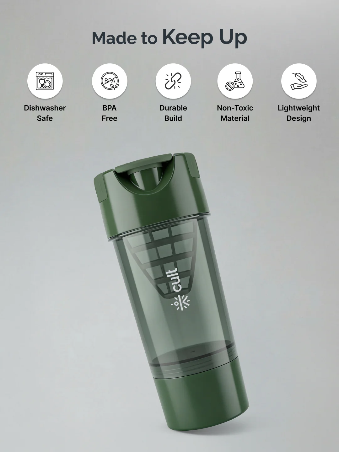 CULT Cyclon Shaker Bottle 500 ml, Durable Leak-Proof Multipurpose Shaker for Protein & Daily Use Army Green - Image 3