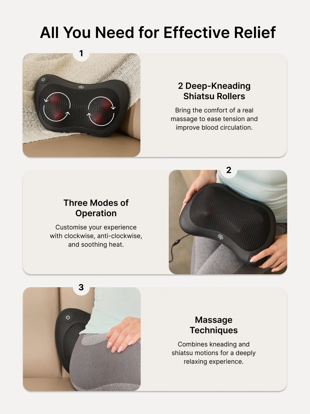 Cult Deep Cure Pillow Massager with soothing heat, Shiatsu 3D Kneading rollers for neck, back, Pain Relief, Corded Electric Massager - Image 3
