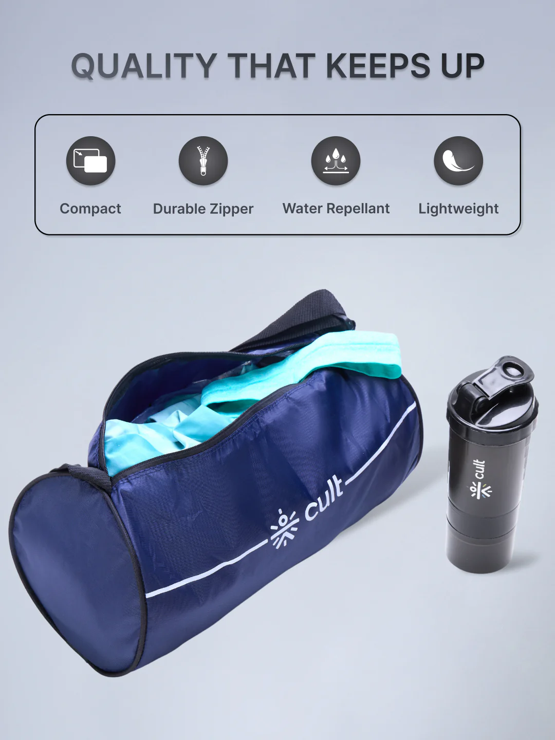 Cult Duffle Bag Blue with Shaker Bottle Black 700ml - Combo - Image 4