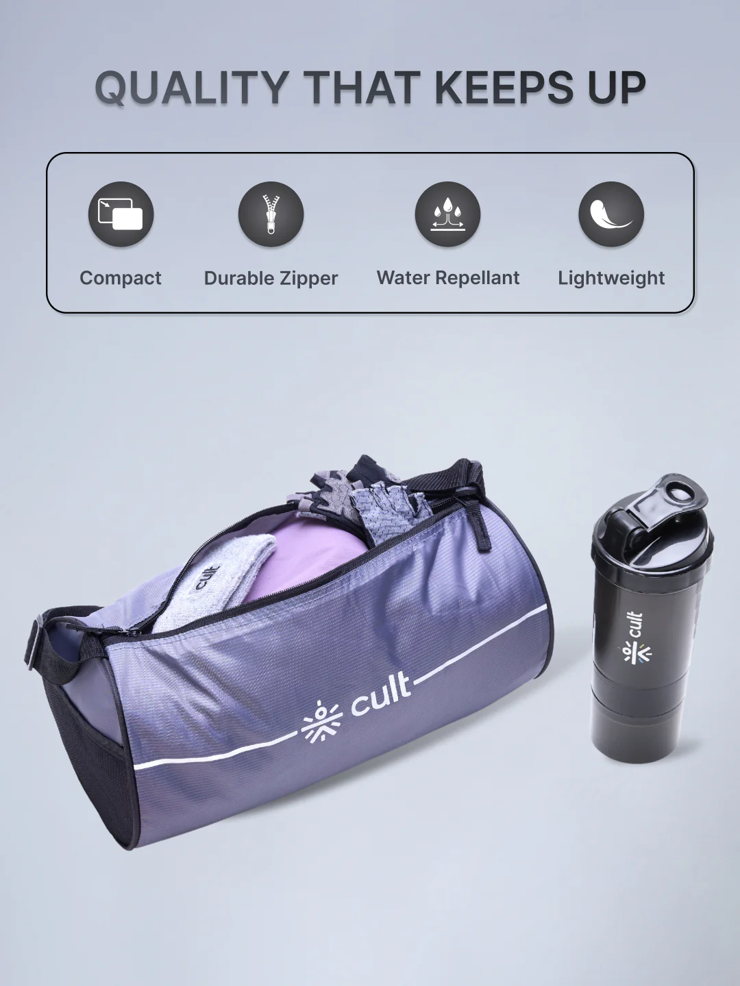 Cult Duffle Bag Grey with Shaker Bottle Black 700ml - Combo - Image 3
