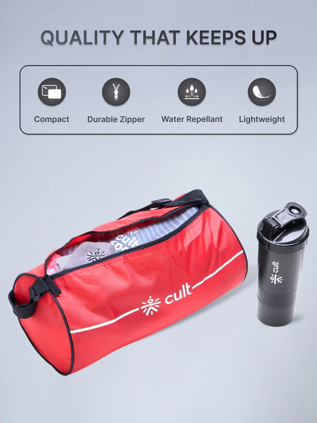 Cult Duffle Bag Red with Shaker Bottle Black 700ml - Combo - Image 2
