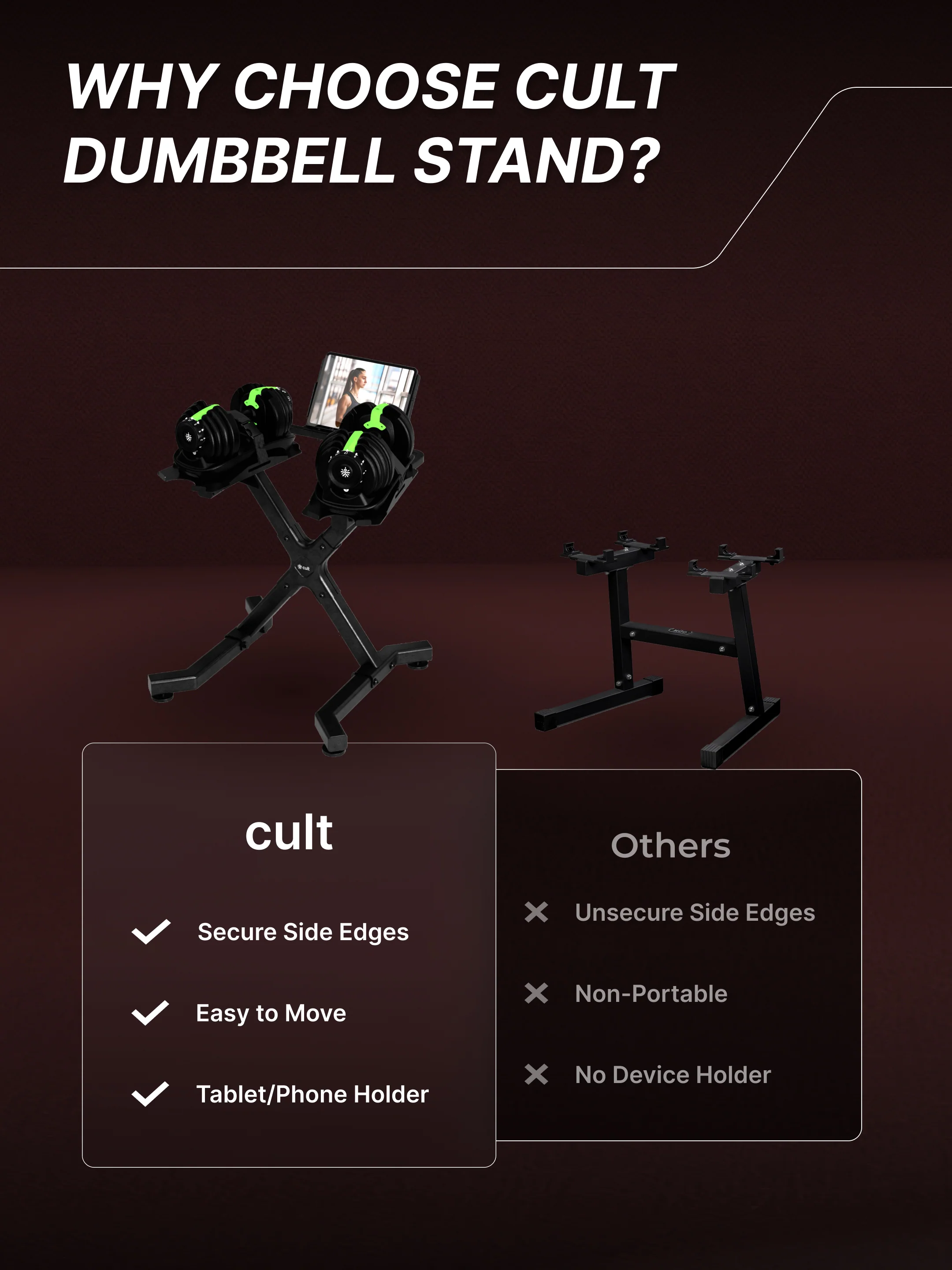 Cult Dumbbell Stand | 100 KG Weight Capacity with Wheels & Tablet Holder | Protected Edges | Compact Home Gym Storage (6 Months extended Warranty only on Cultstore.com) - Image 10
